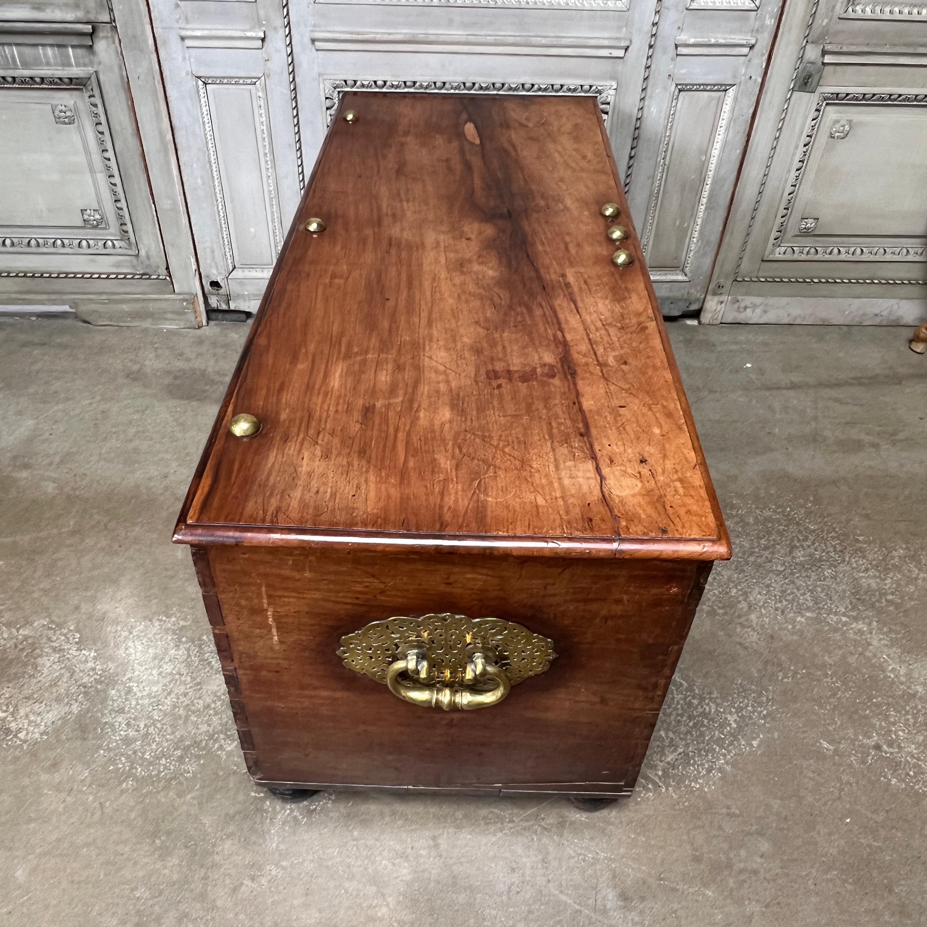 Forged 17th Century French Walnut Coffer with Brass Hardware For Sale