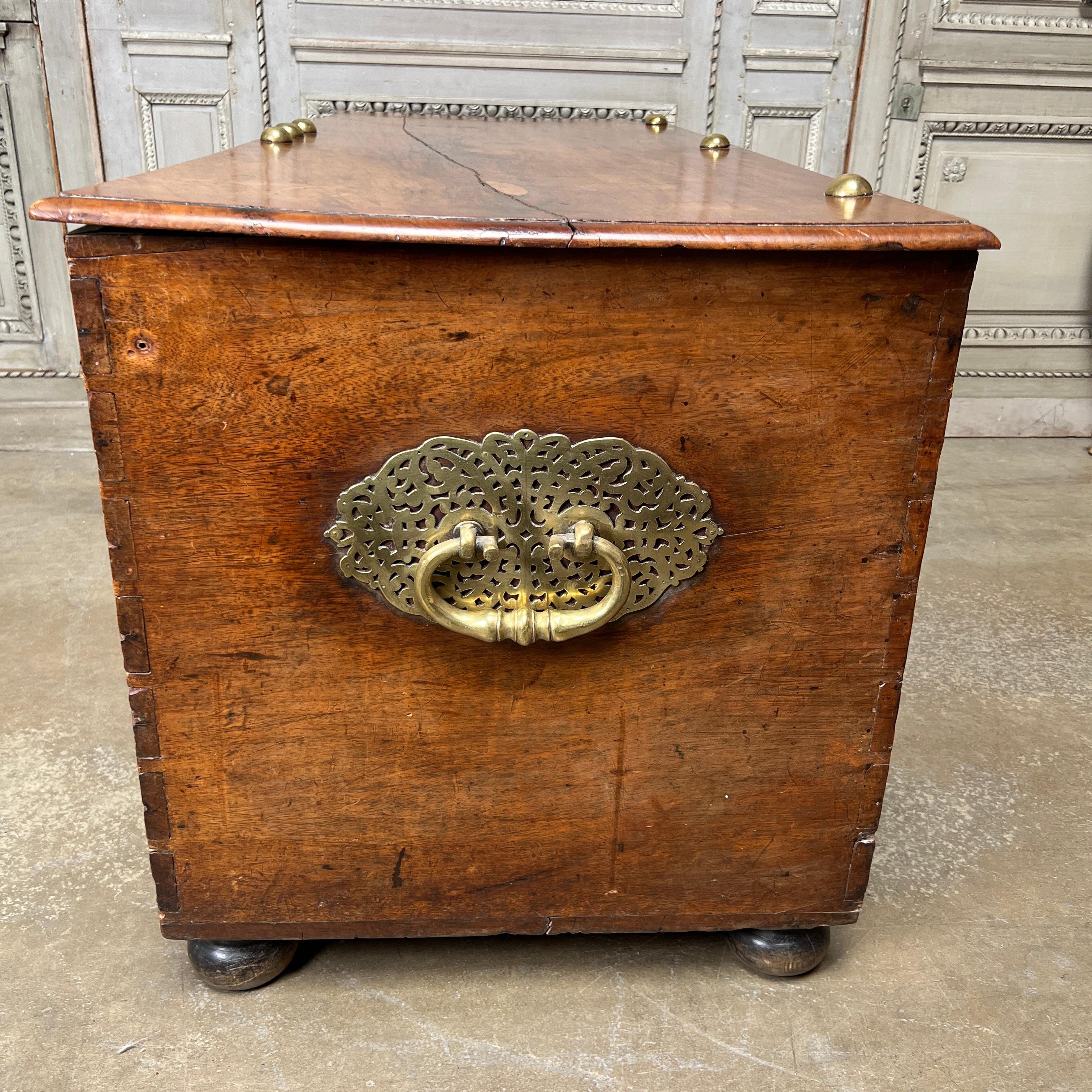 17th Century French Walnut Coffer with Brass Hardware For Sale 1