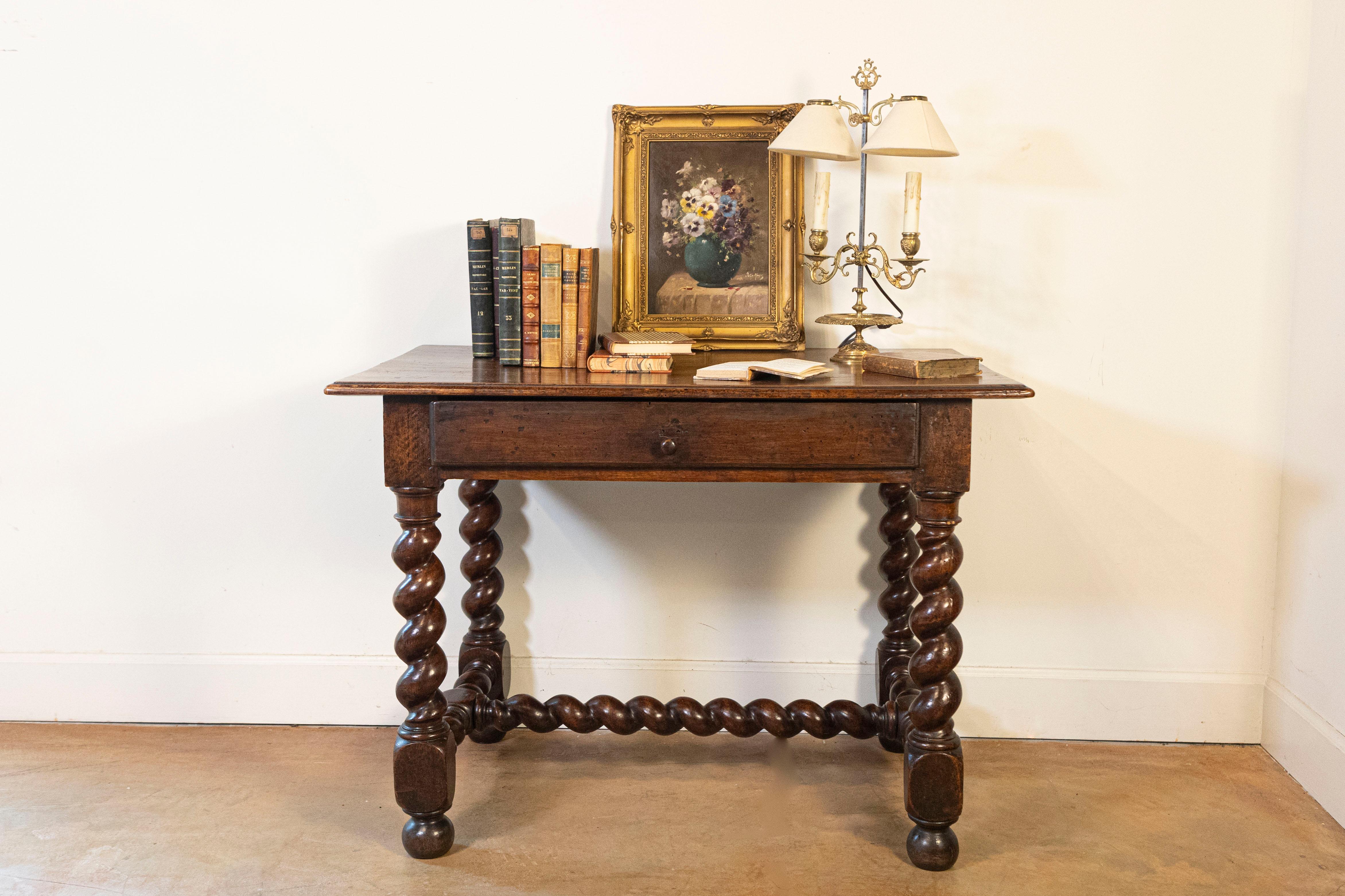 17th Century French Walnut Side Table with Single Drawer and Barley-Twist Base For Sale 5