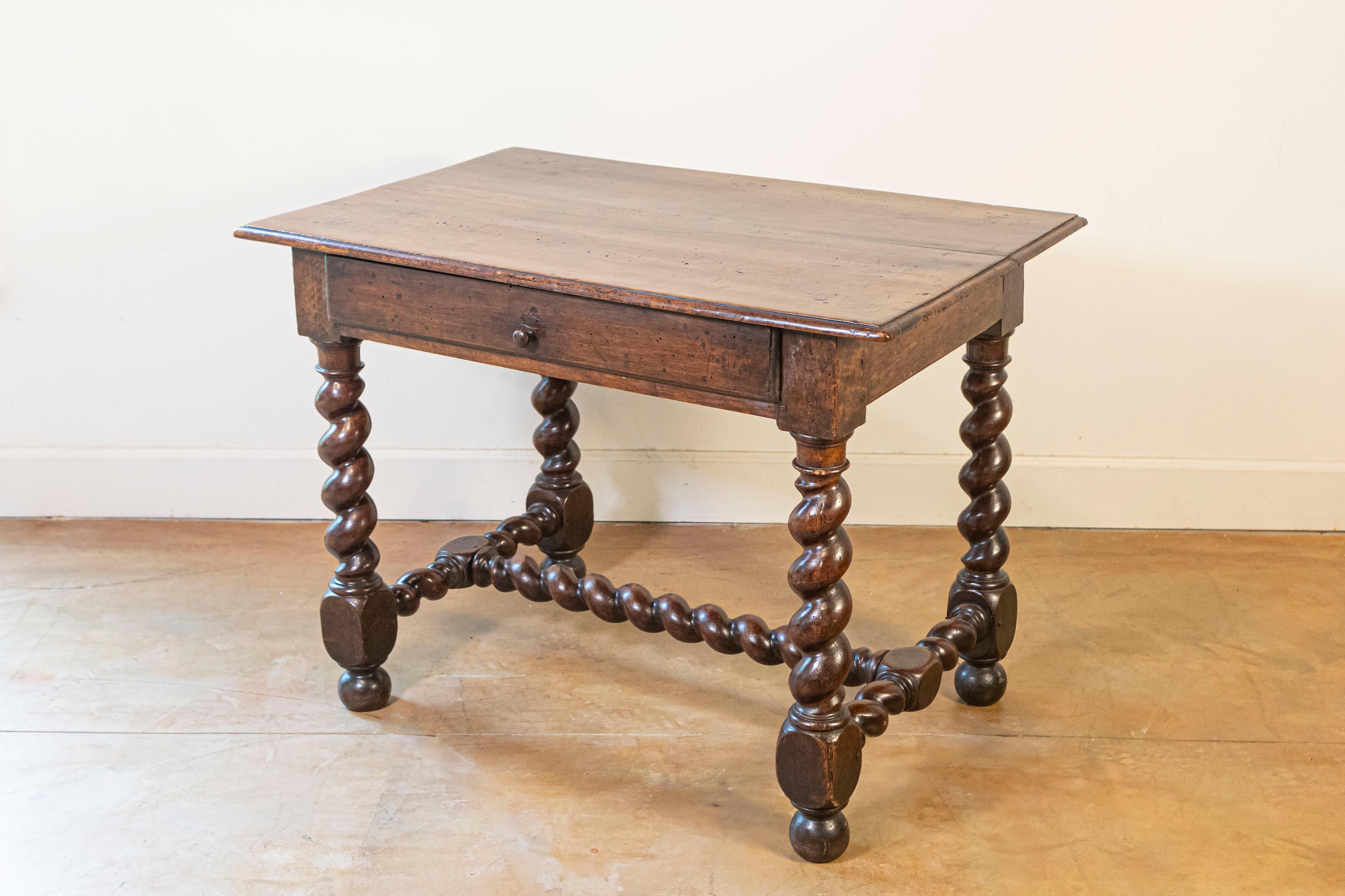 Louis XIII 17th Century French Walnut Side Table with Single Drawer and Barley-Twist Base For Sale