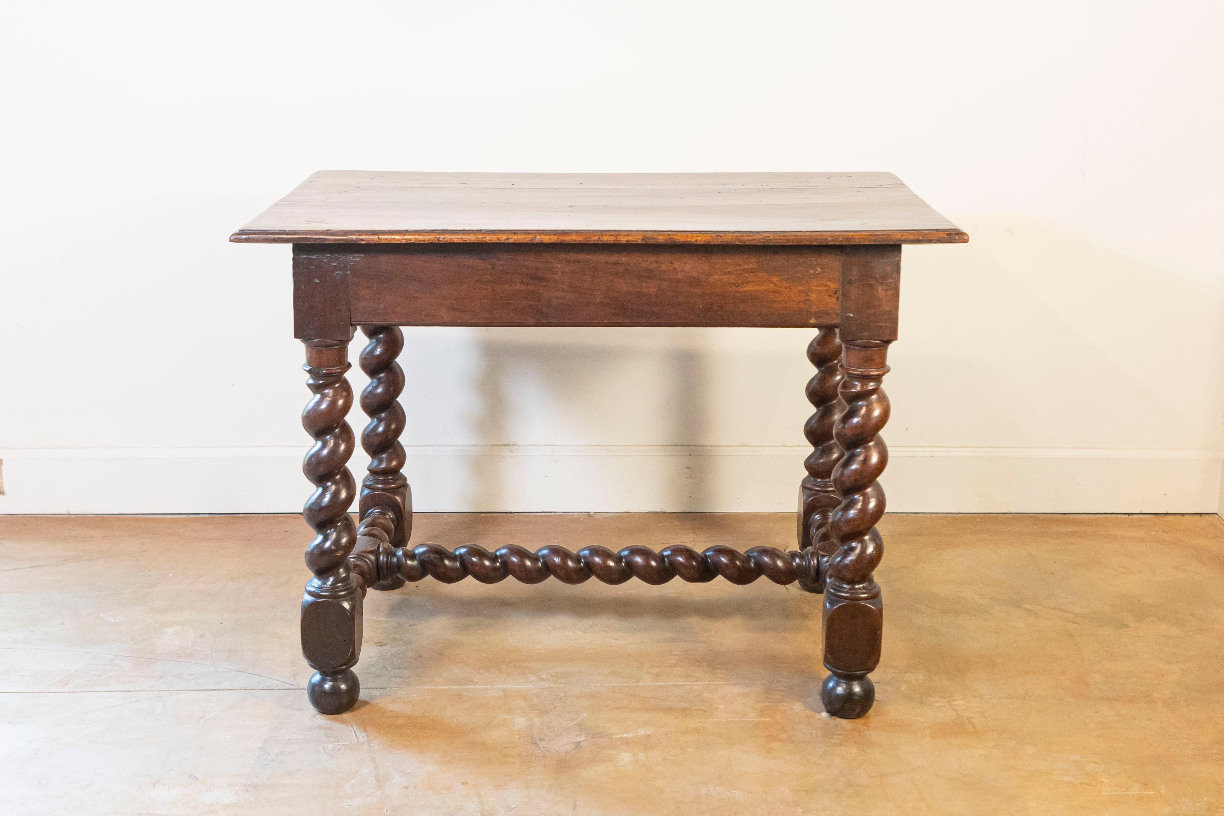 18th Century and Earlier 17th Century French Walnut Side Table with Single Drawer and Barley-Twist Base For Sale