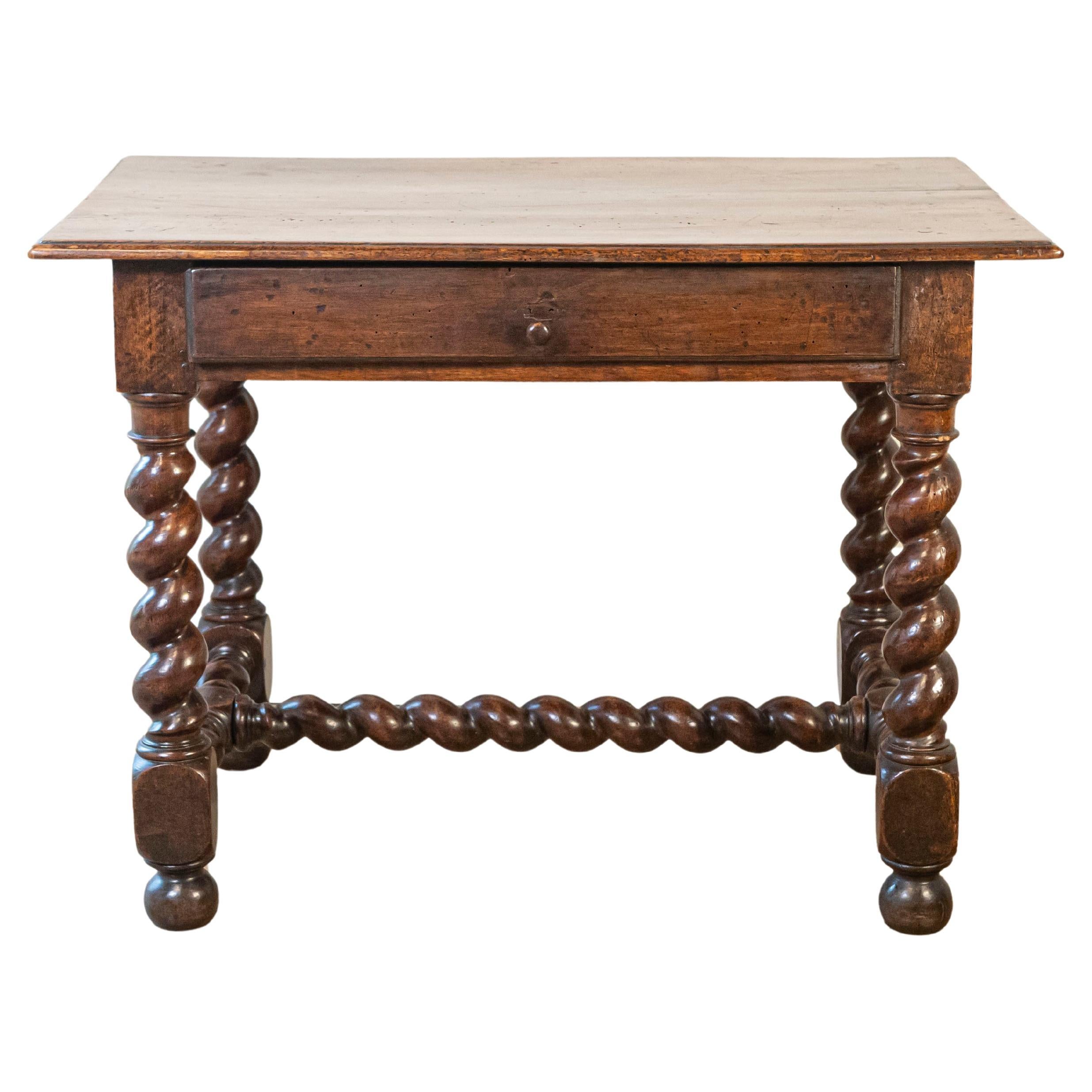 17th Century French Walnut Side Table with Single Drawer and Barley-Twist Base