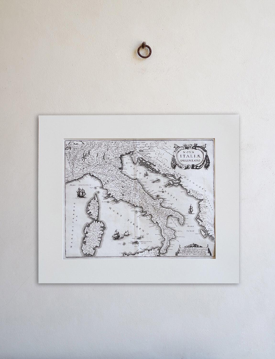 This beautifully detailed geographical map of Italy was printed in 1640. It was made by the expert Swiss engraver Matthaus Merian the Elder (1593-1650). Its high quality uniform inking is set on hand-made paper also made in the early 17th century