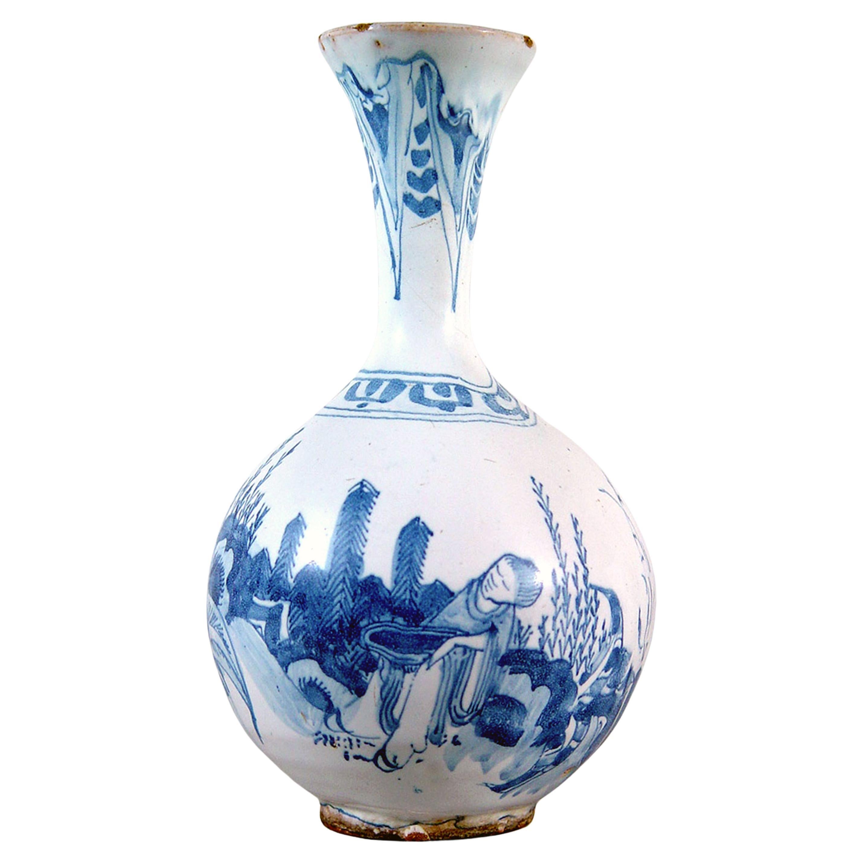 17th-Century German Faience Blue & White Chinoiserie Trumpet-Neck Botttle Vase