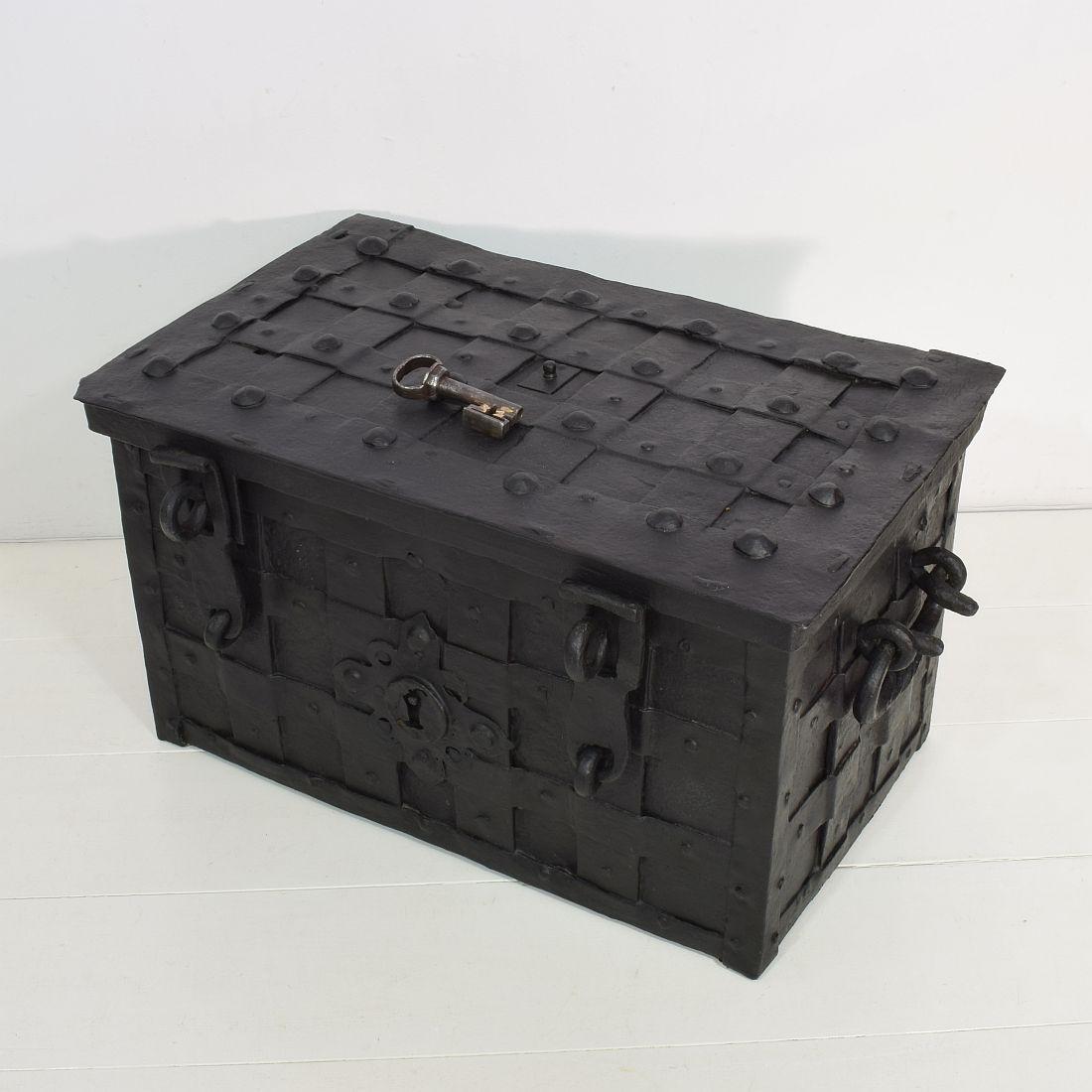 This beautiful handmade iron chest was made in Nuremberg or Augsburg in the 17th century 
They were made to hold valuables such as gold coins, jewels or maps. Starting in the 1800s, people started to refer to these chests as 