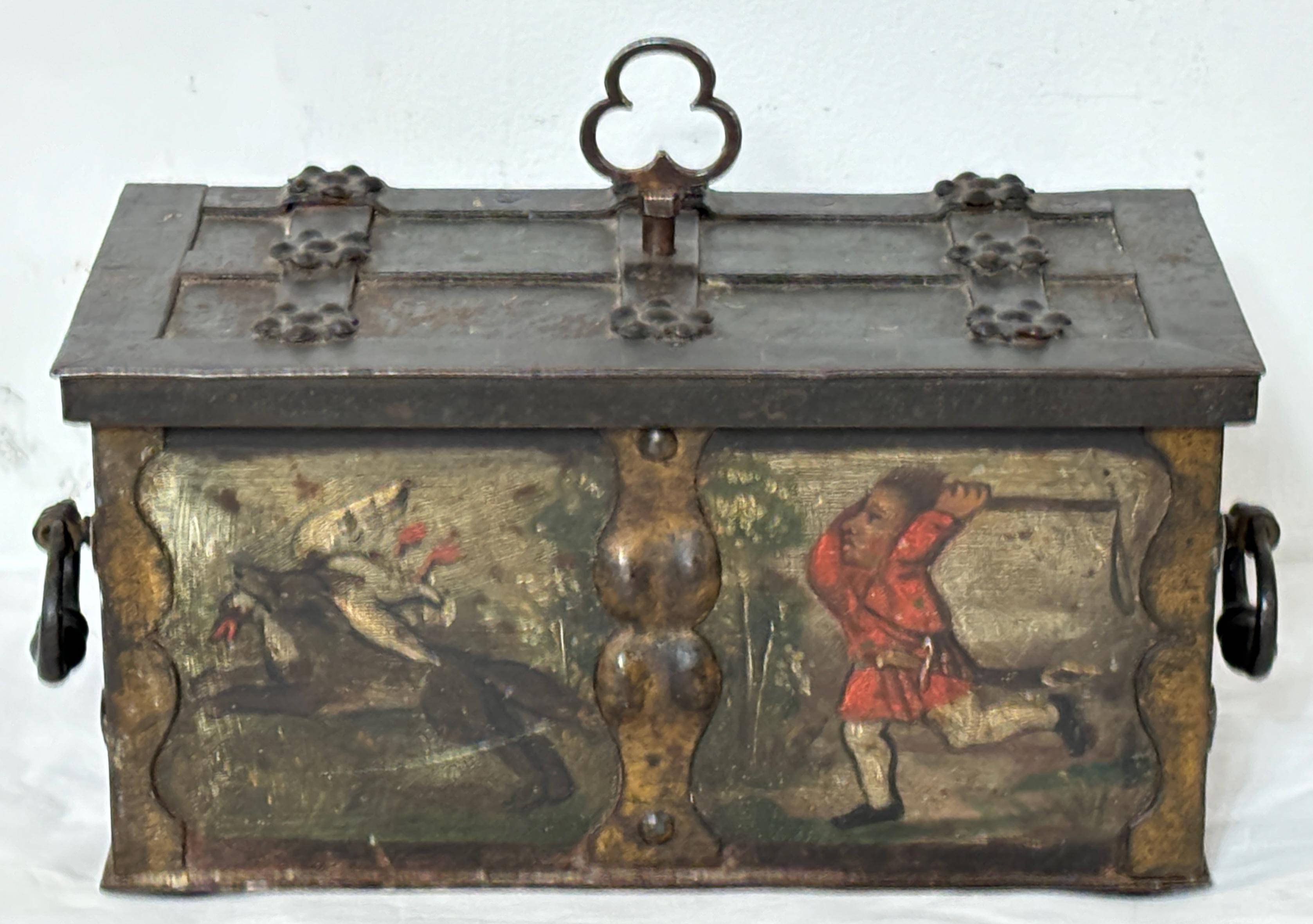 Ornately painted box with iron hardware, original key and functioning lock. An exceptional, small table-top size, 'Wedding Box', or strongbox traveling safe with its original, naïve painted decoration. This is a rare and small example of these
