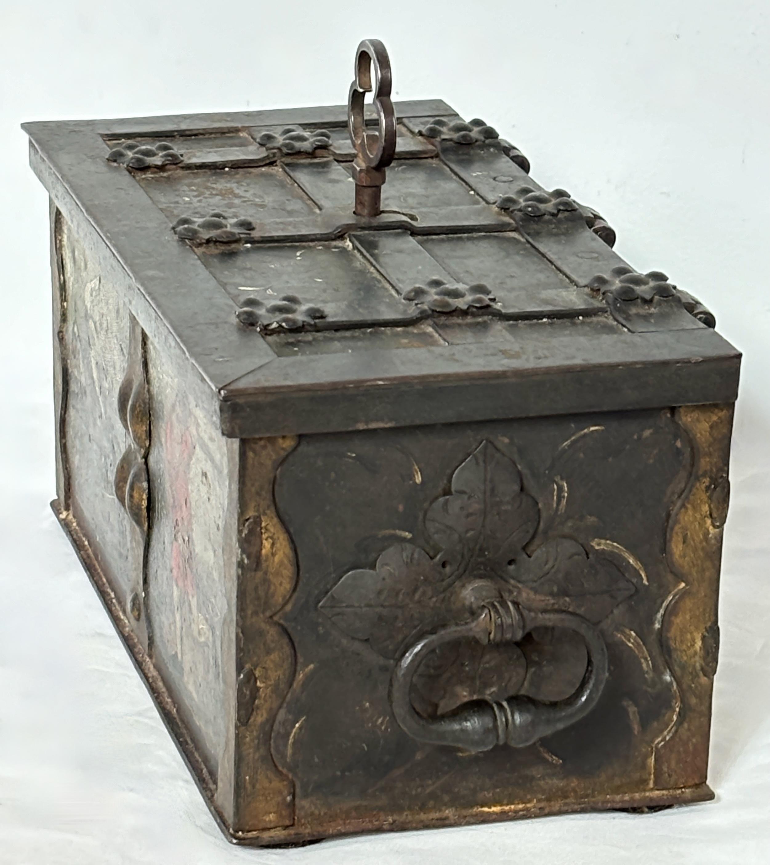 Jacobean 17th Century German Iron Strong Box Jewels Casket with Original Key
