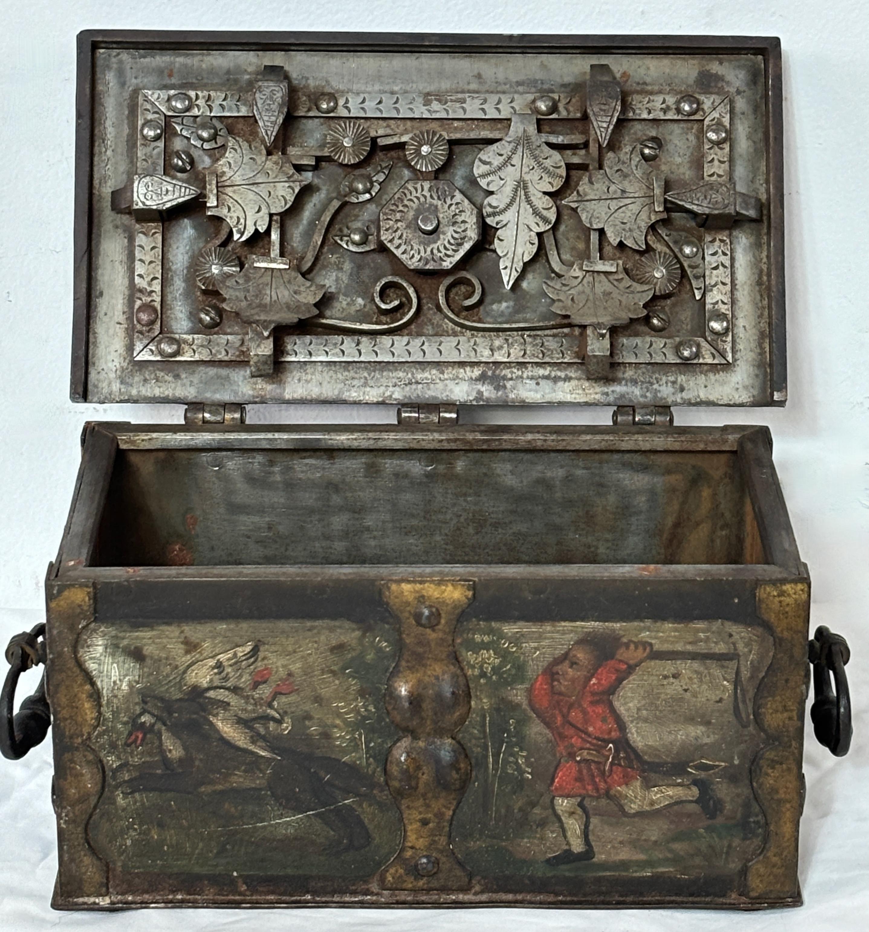 17th Century German Iron Strong Box Jewels Casket with Original Key 1