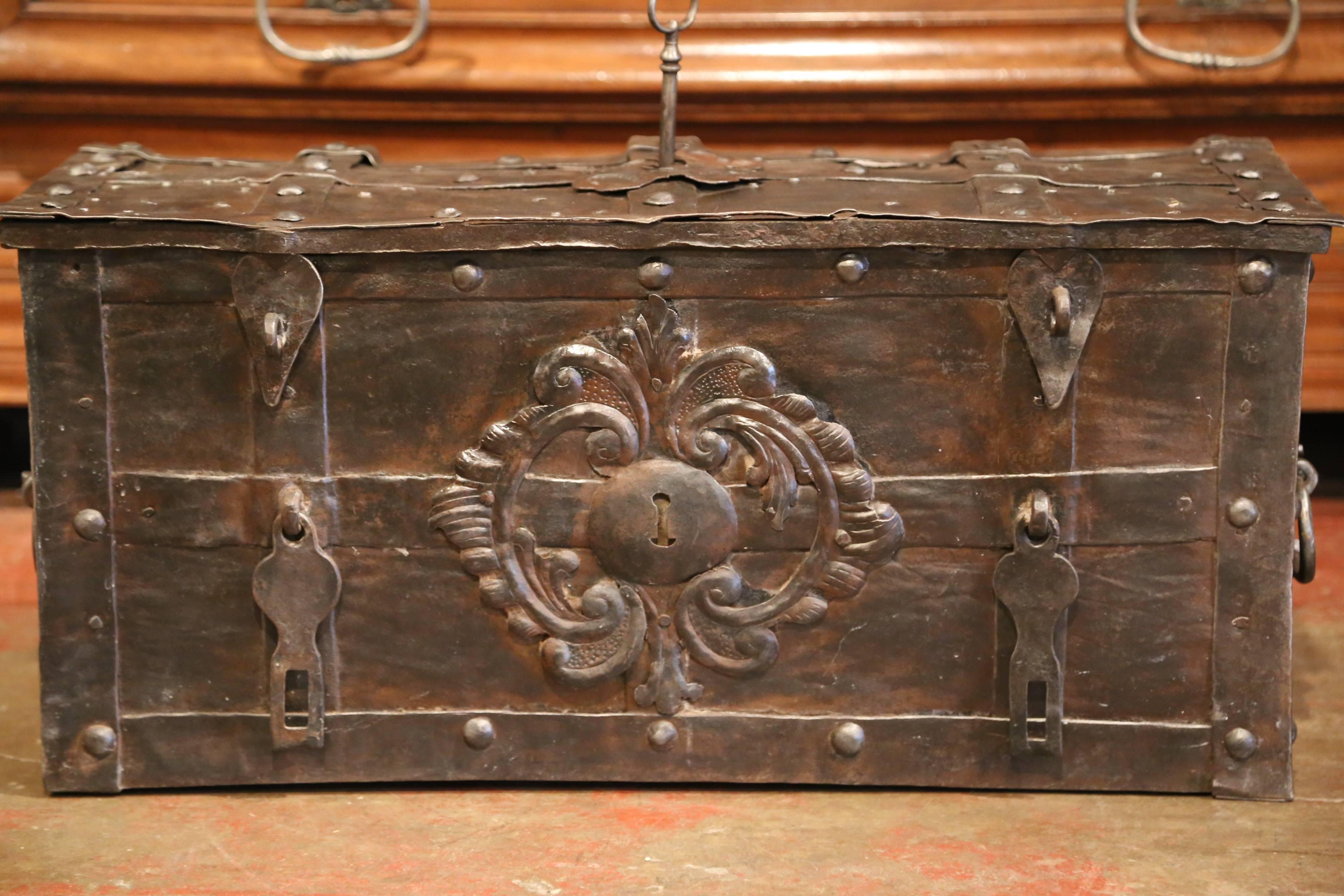 Patinated 17th Century German Polished Wrought Iron Corsair Nuremberg Money Chest Safe