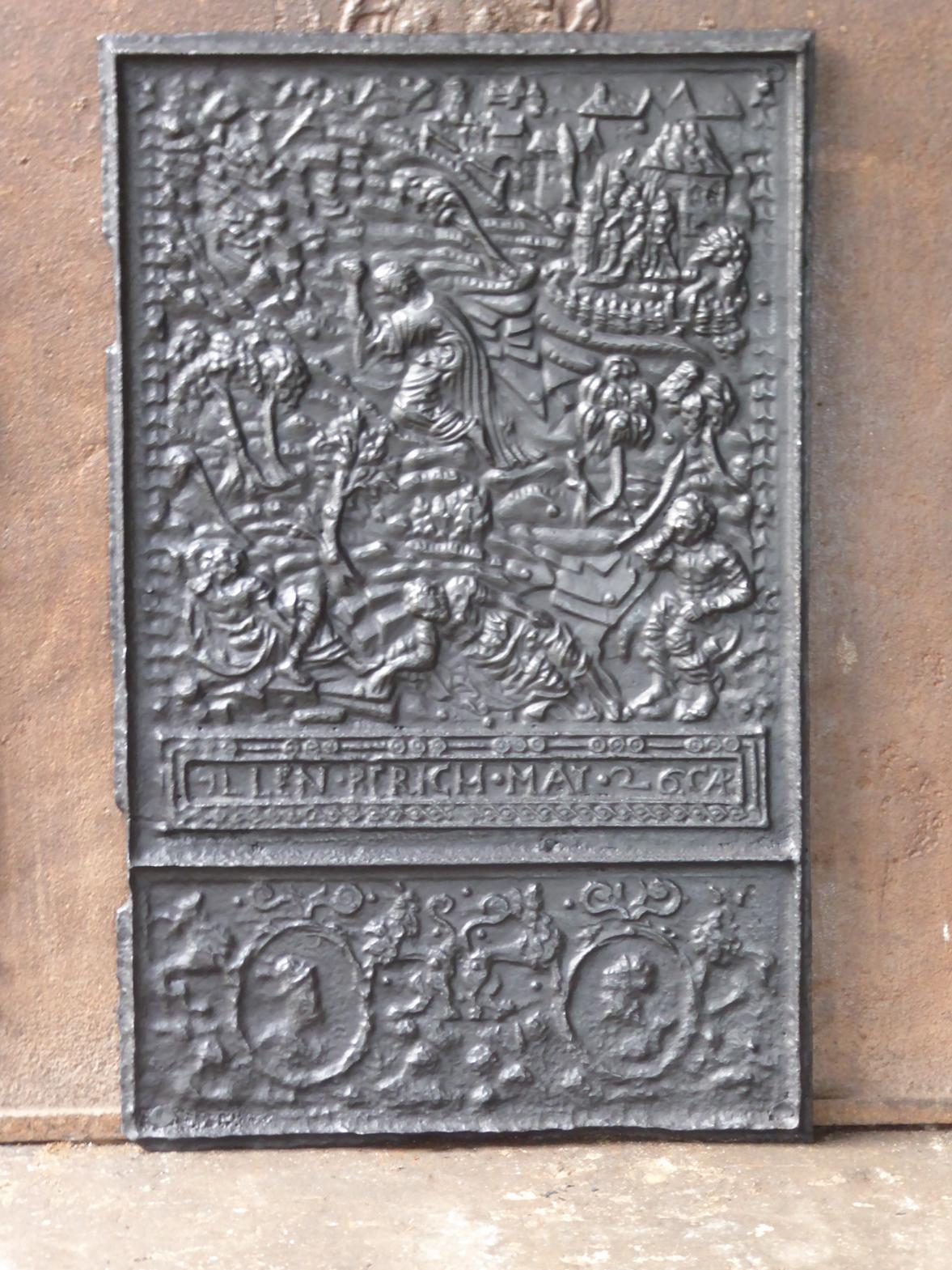 Plaque de cheminée gothique allemande du 17e siècle représentant une scène rurale. La plaque de cheminée est en fonte et a une patine noire/étain. L'état est bon, pas de fissures.



