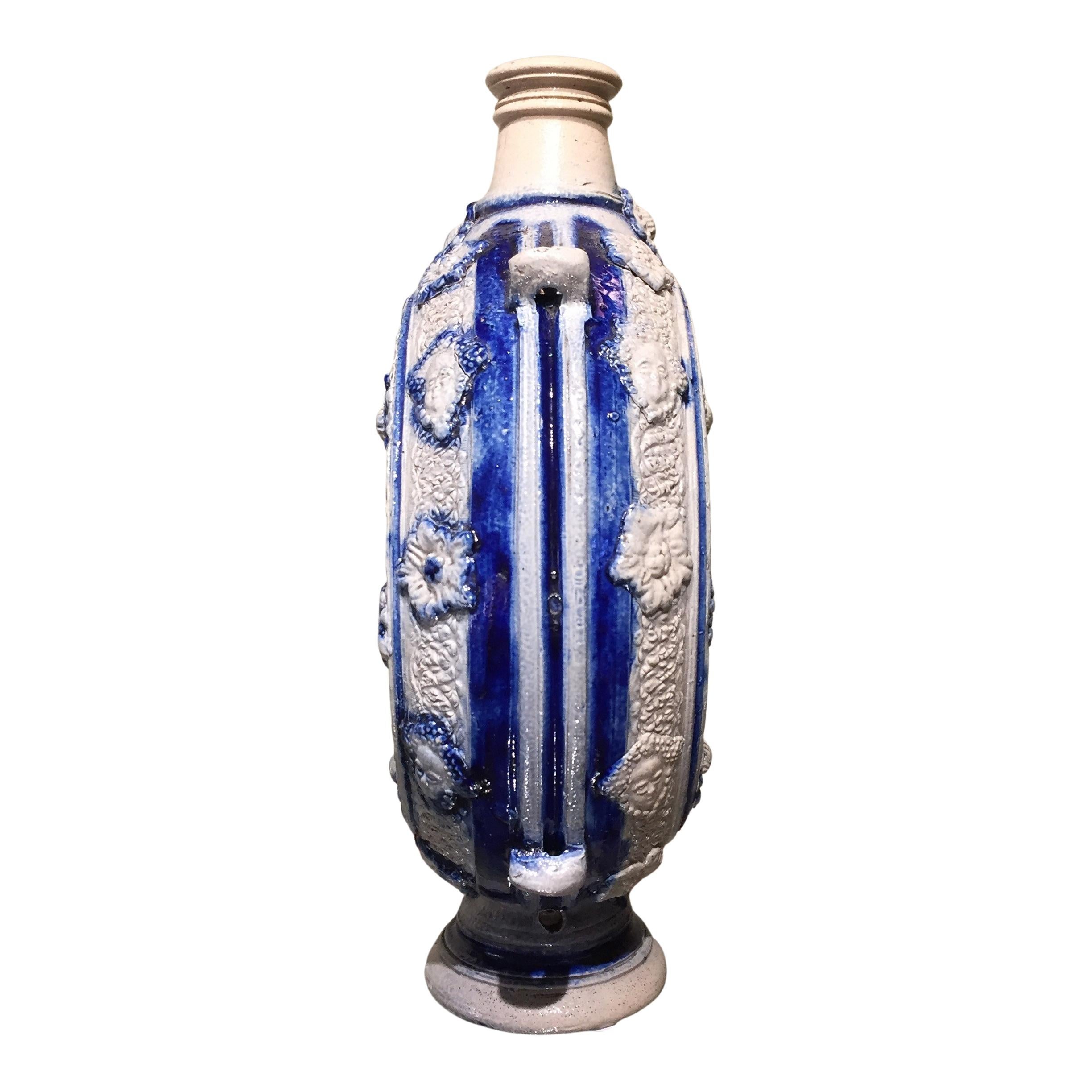 Hand-Painted 17th century German Stoneware Ring Jug or Pelgrims bottle For Sale