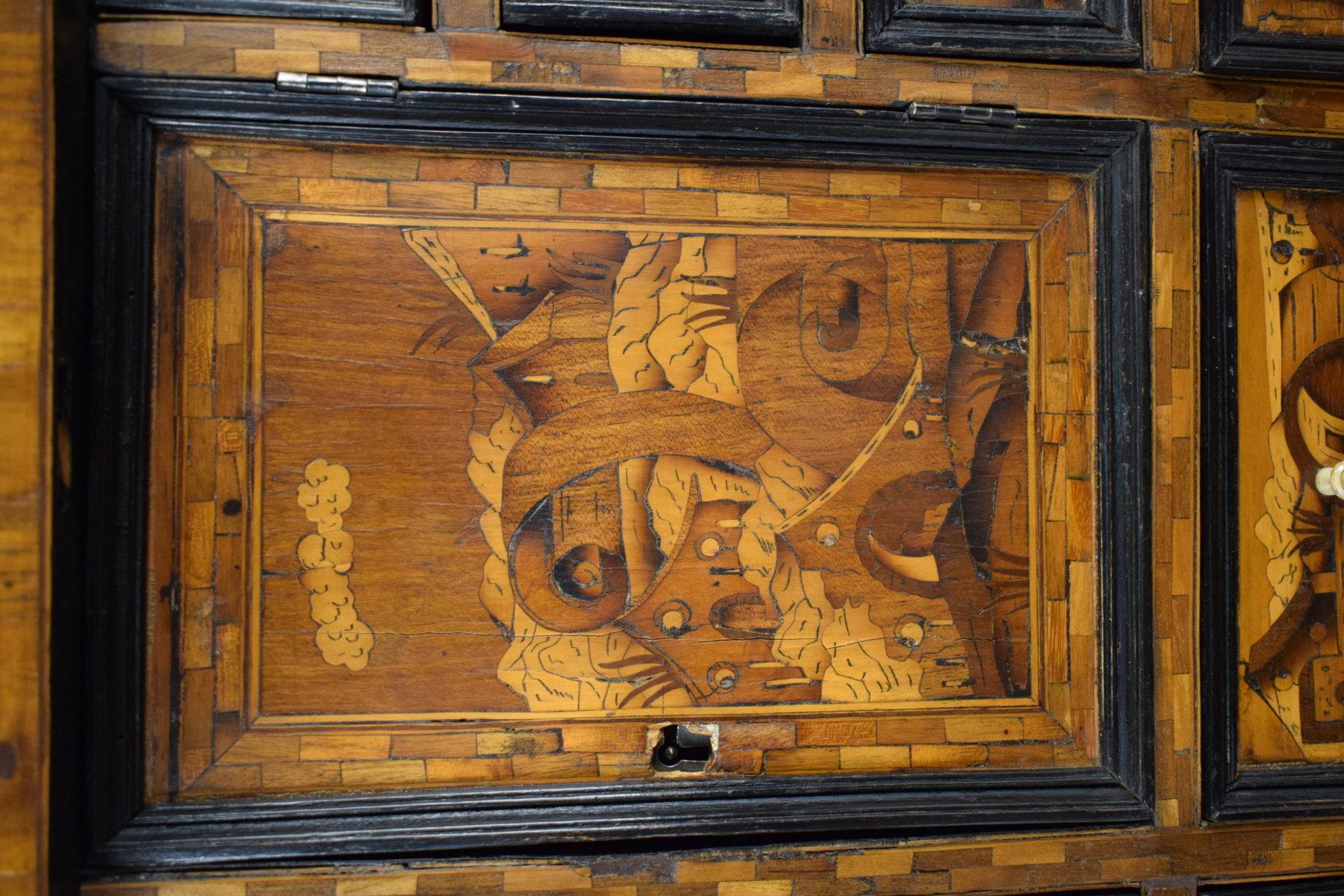 Inlay  17th Century, German Wood Apothecary Cabinet with Fantasy Architectures For Sale