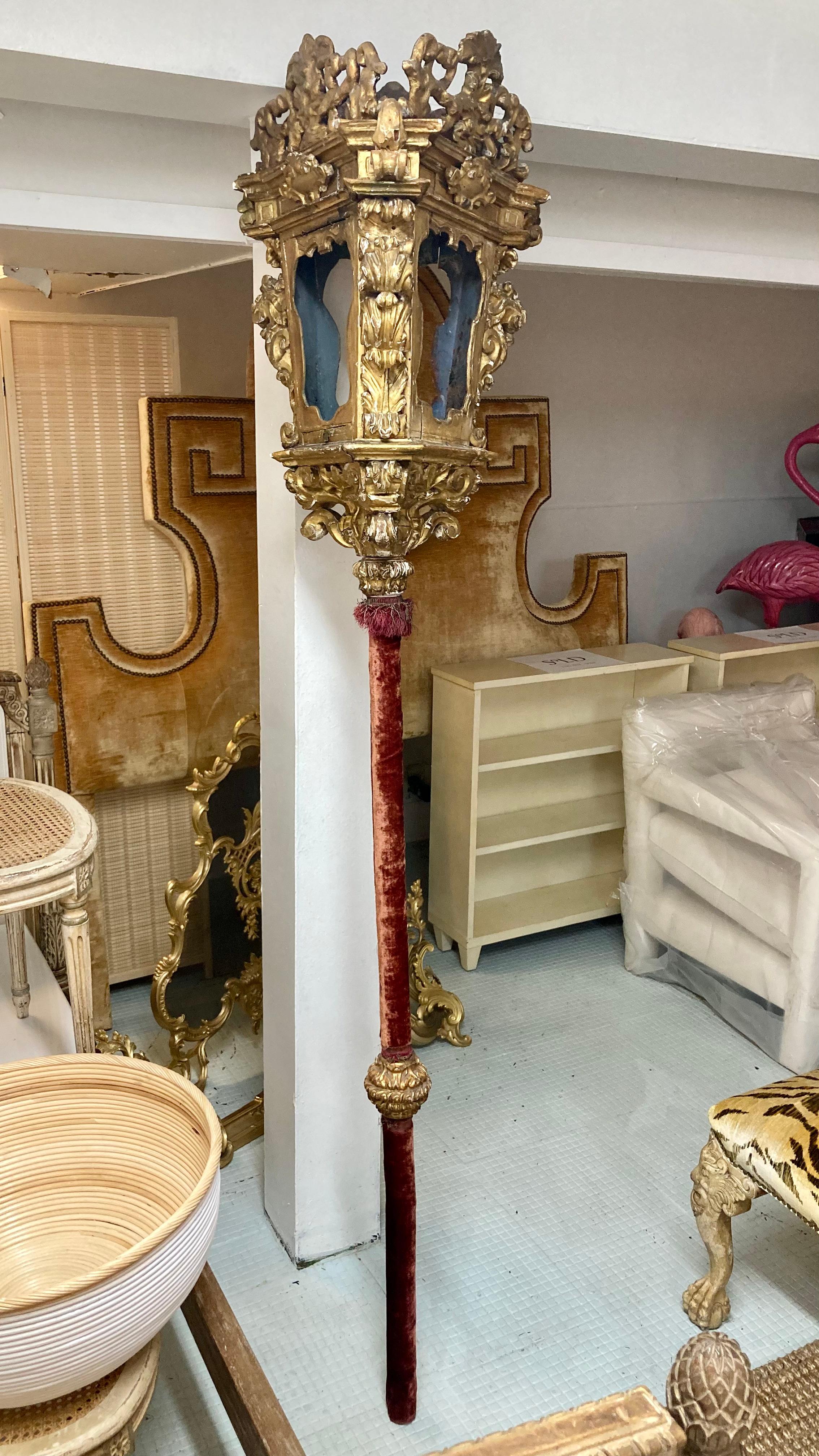 Beautiful 17th Century gilt Venetian lantern on red velvet pole. Incredible carved detailing and gilt wood finishing. Add dome Venetian style to your home.