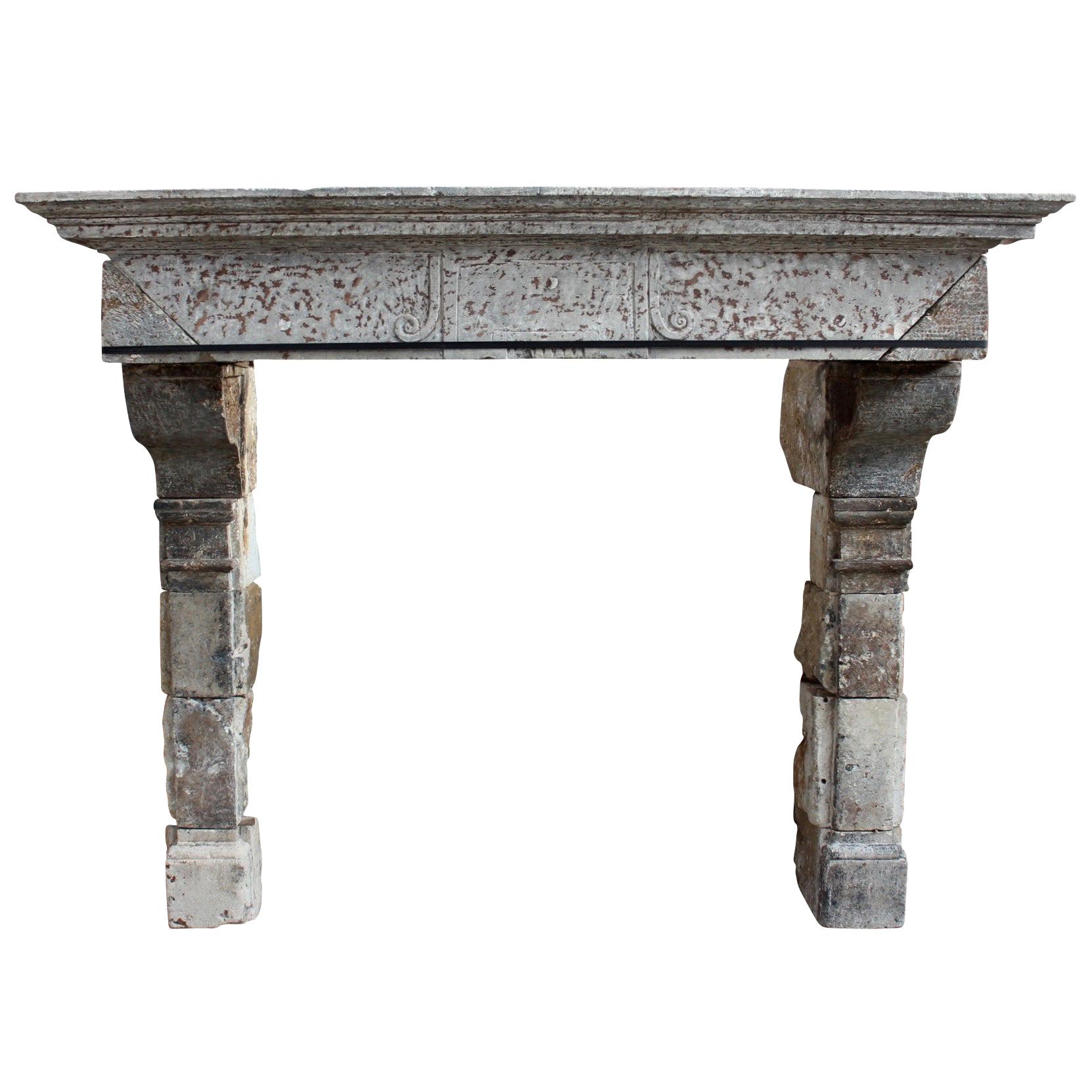 17th Century Grand French Rustic Limestone Antique Fireplace Surround For Sale