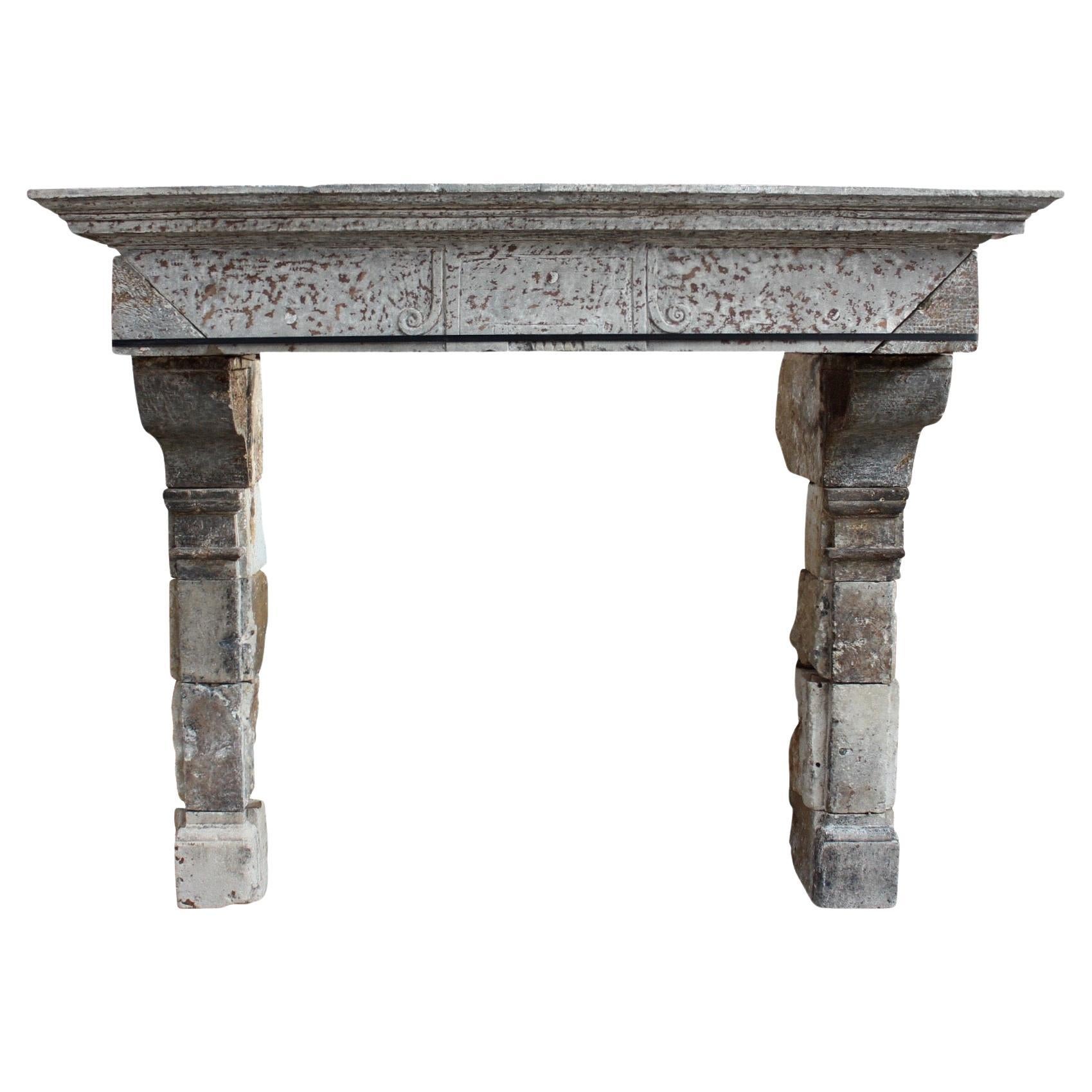 17th Century Grand French Rustic Limestone Antique Fireplace Surround