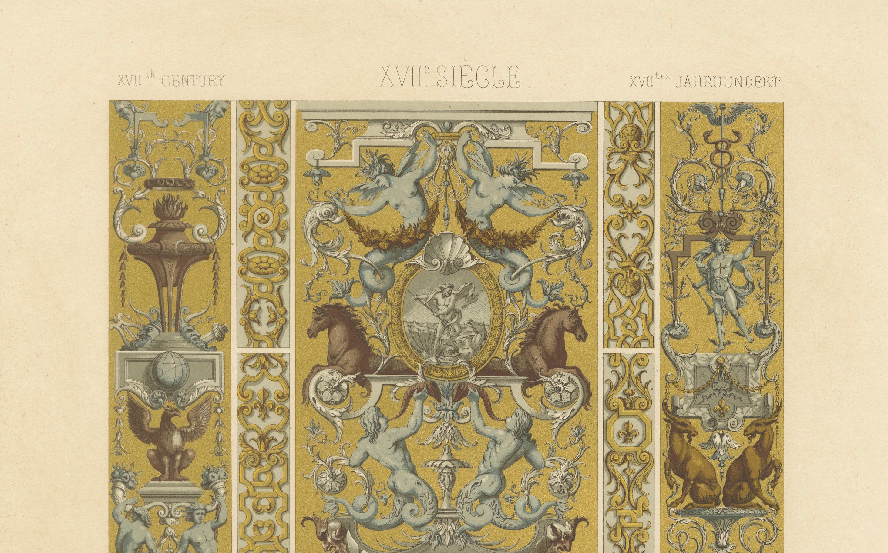 Ornement grotesque du 17e siècle - Motifs mythiques et architecturaux, planche LXXIX

Cette chromolithographie du XIXe siècle richement détaillée, la planche LXXIX de *L'Ornement Polychrome*, présente une sélection éblouissante d'ornements