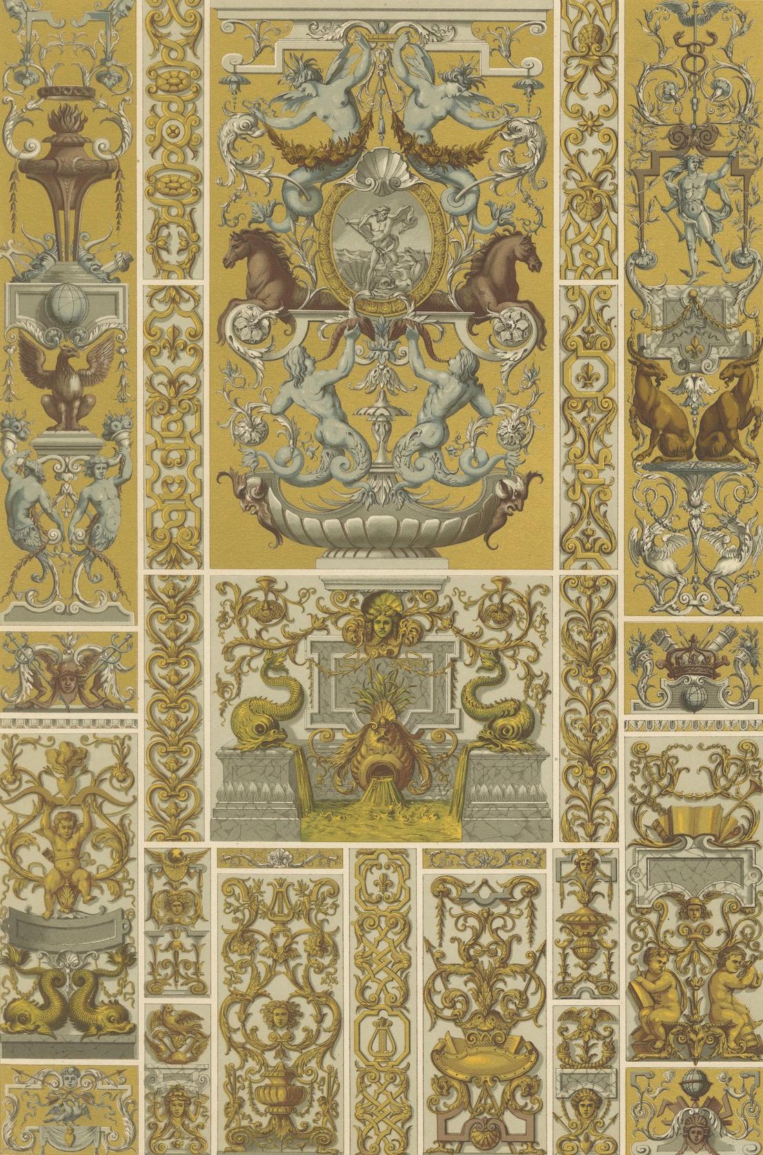 Papier Ornement grotesque du 17e siècle - Motifs mythiques et architecturaux, vers 1869 en vente