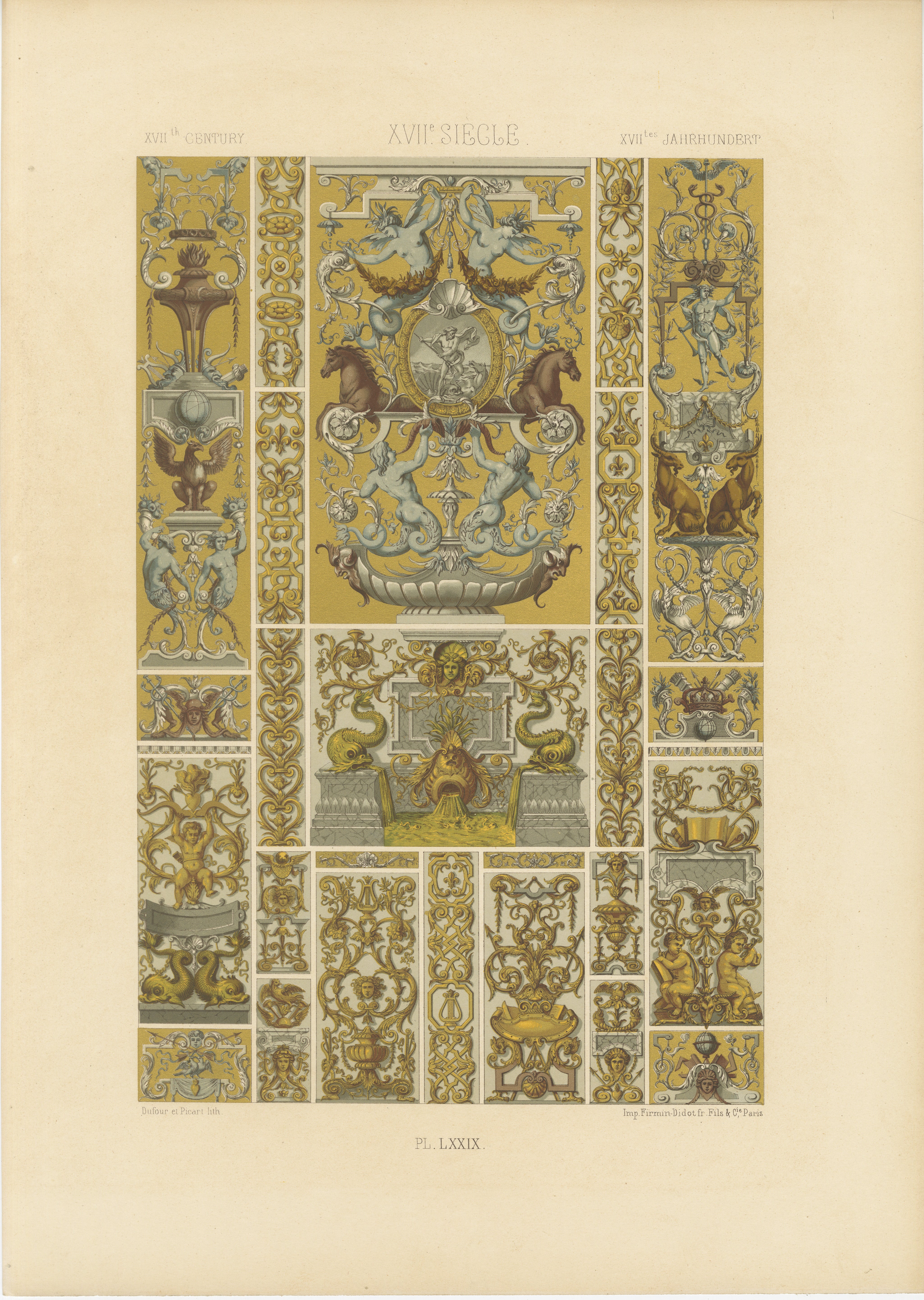 Ornement grotesque du 17e siècle - Motifs mythiques et architecturaux, vers 1869 en vente