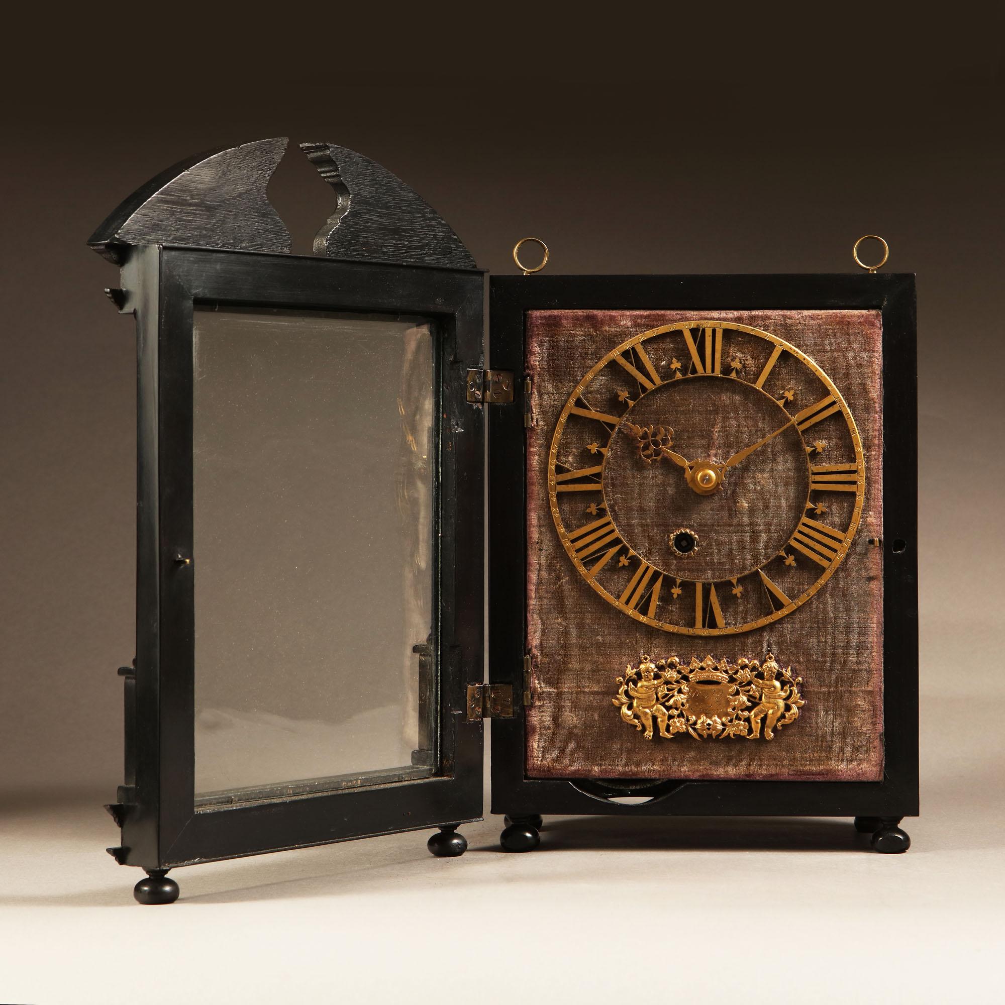 Unusually small Hague clock made c. 1675 by Pieter Visbagh, who was apprenticed by Salomon Coster. The latter made the first pendulum clock according to the instructions of Christiaan Huygens, the internationally renowned scientist who developed the