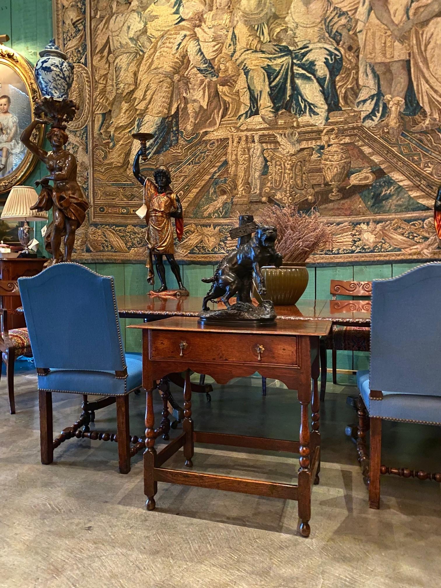 17th century Hand Carved Antique Side Farm Table Desk Center Drawer Los Angeles. W&M table in light Oakwood with center drawer. These tables were used in the Mas and Manoir. It's the perfect to your home as a side table, between two chairs, to have