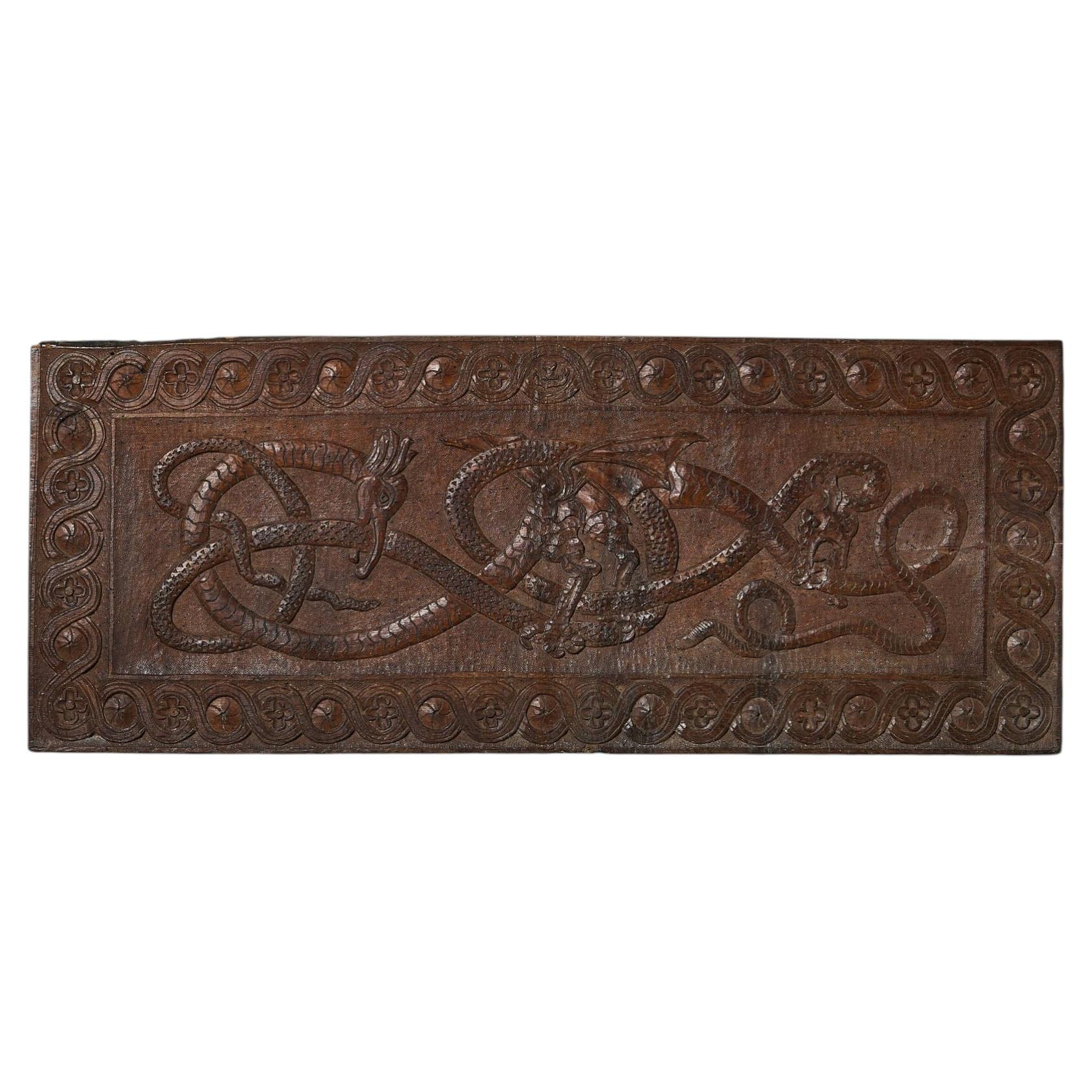 17th Century Hand Carved Oak Panel With Serpent and Dragon in Combat For Sale