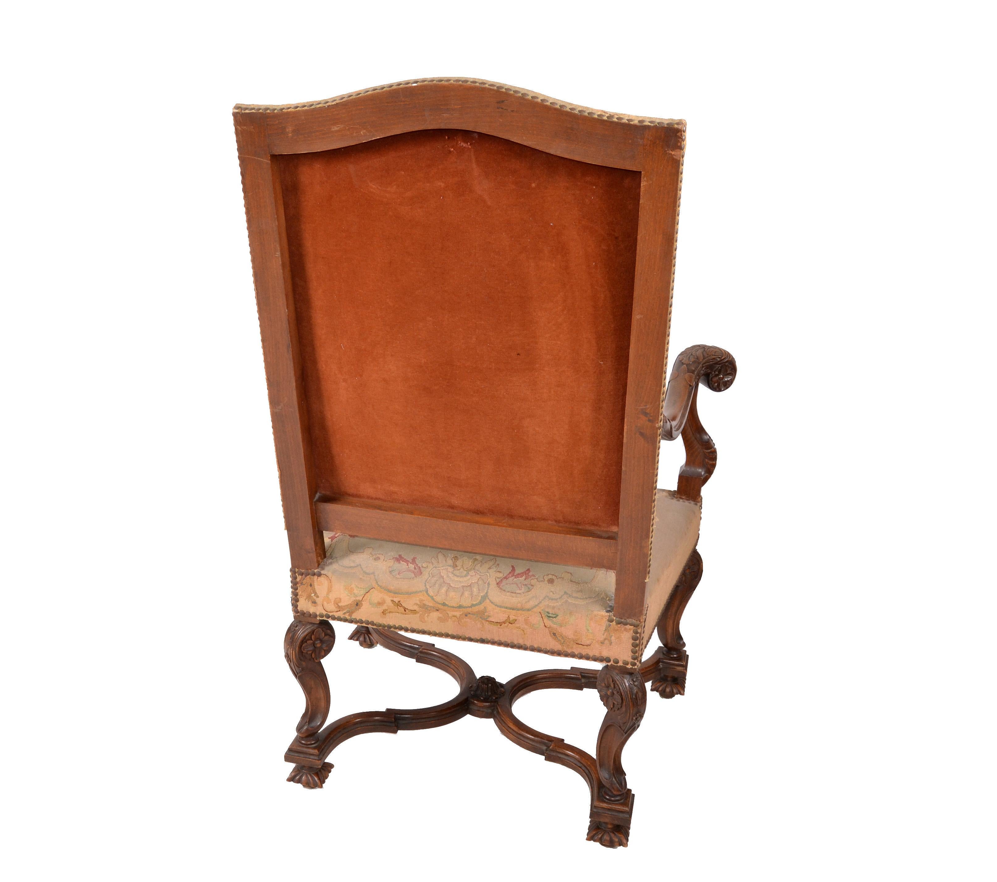 17th Century Hand Carved Walnut Wood Armchair Needlepoint Upholstery Cross Base For Sale 5
