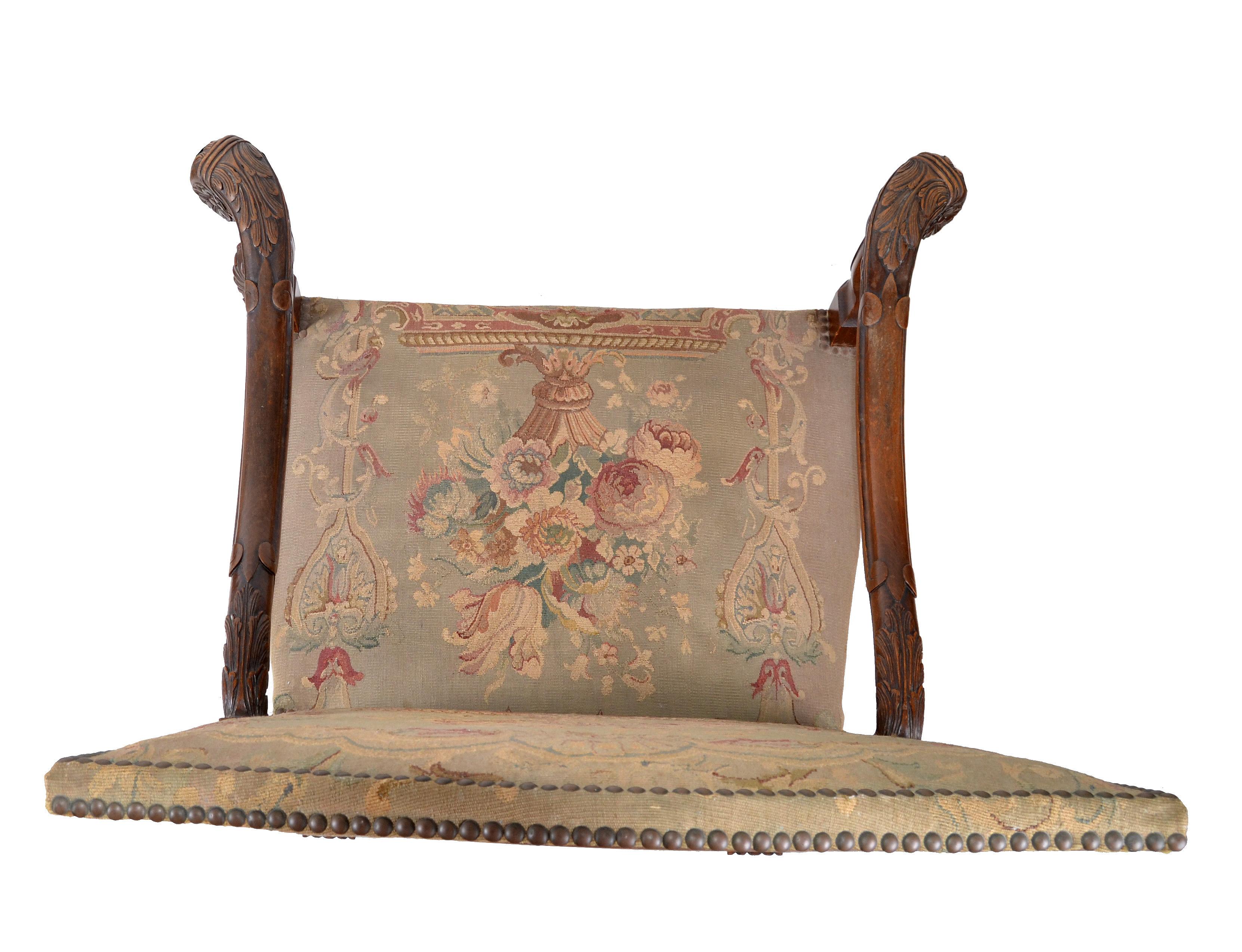 17th Century Hand Carved Walnut Wood Armchair Needlepoint Upholstery Cross Base For Sale 6