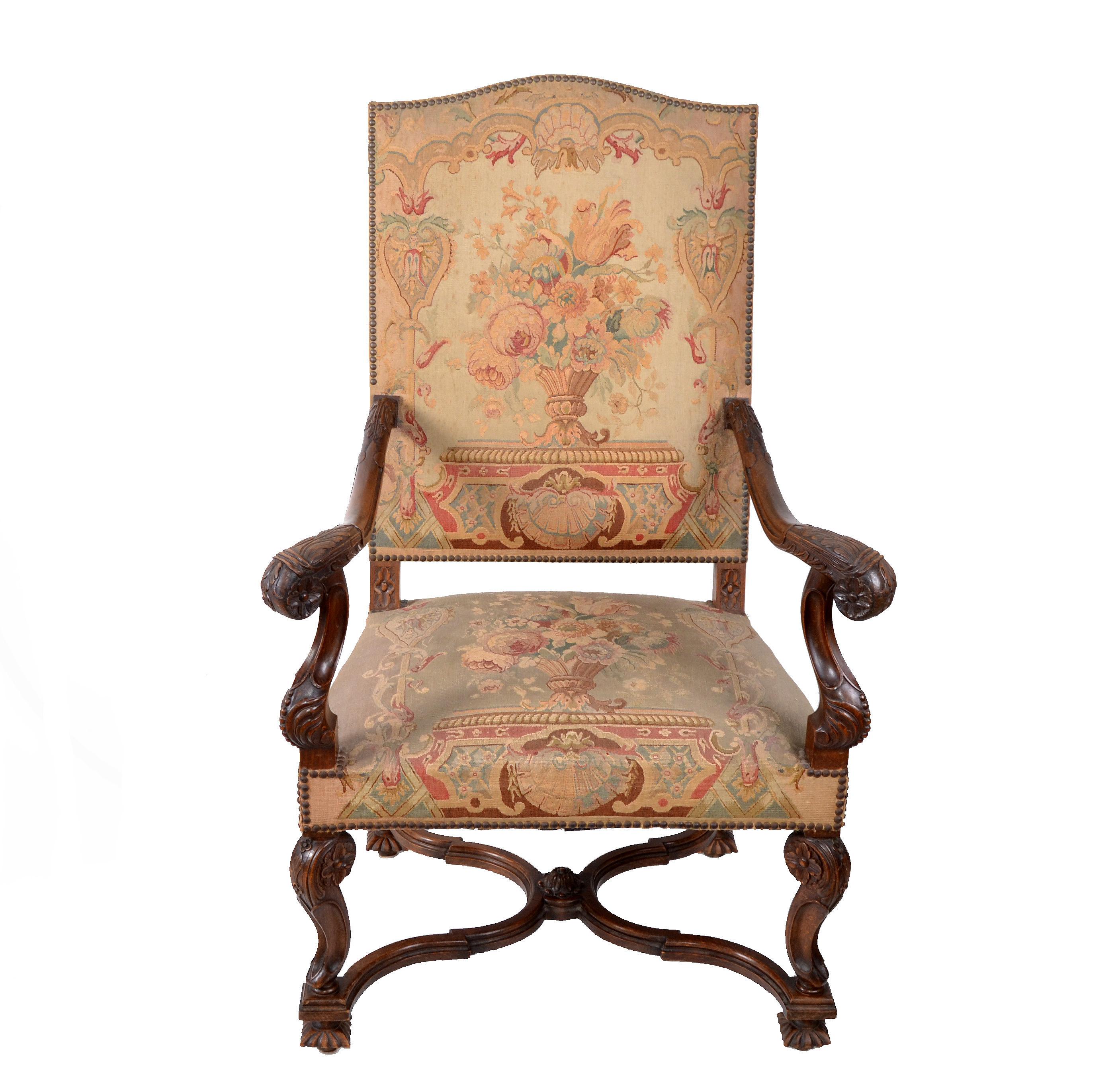 17th Century Hand Carved Walnut Wood Armchair Needlepoint Upholstery Cross Base For Sale 7