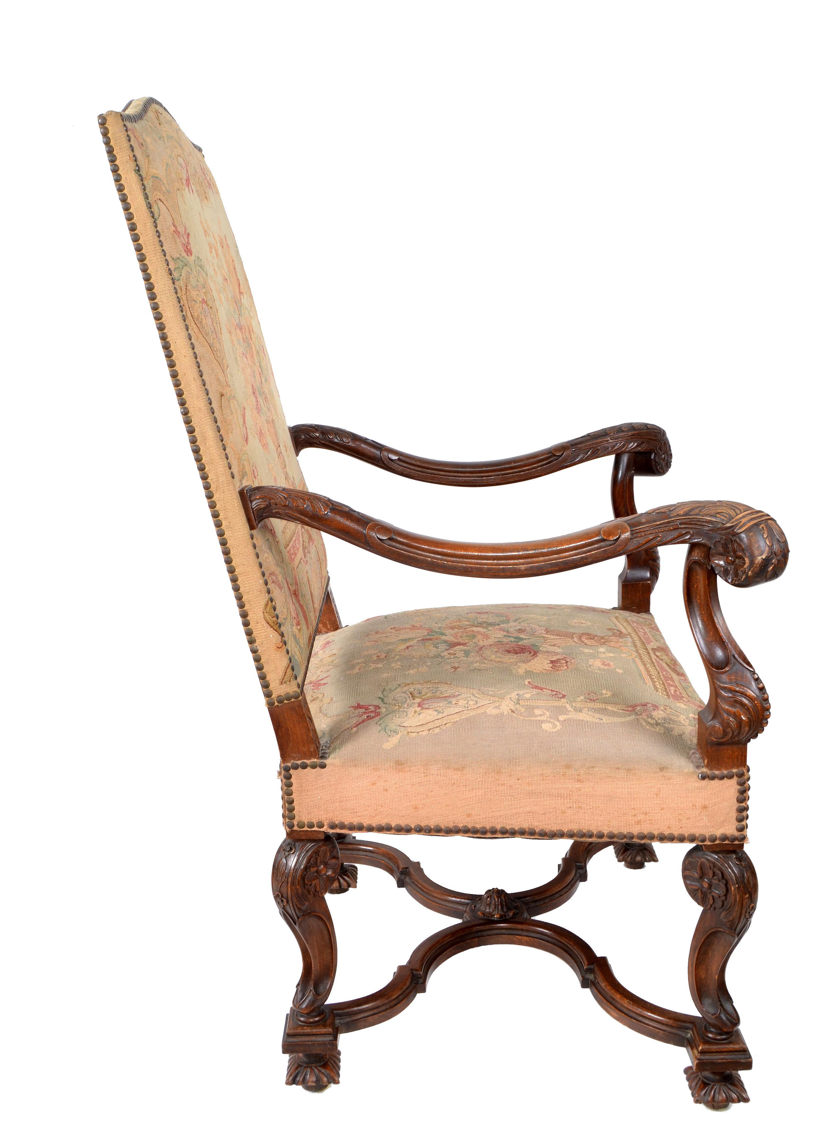 Rococo 17th Century Hand Carved Walnut Wood Armchair Needlepoint Upholstery Cross Base For Sale