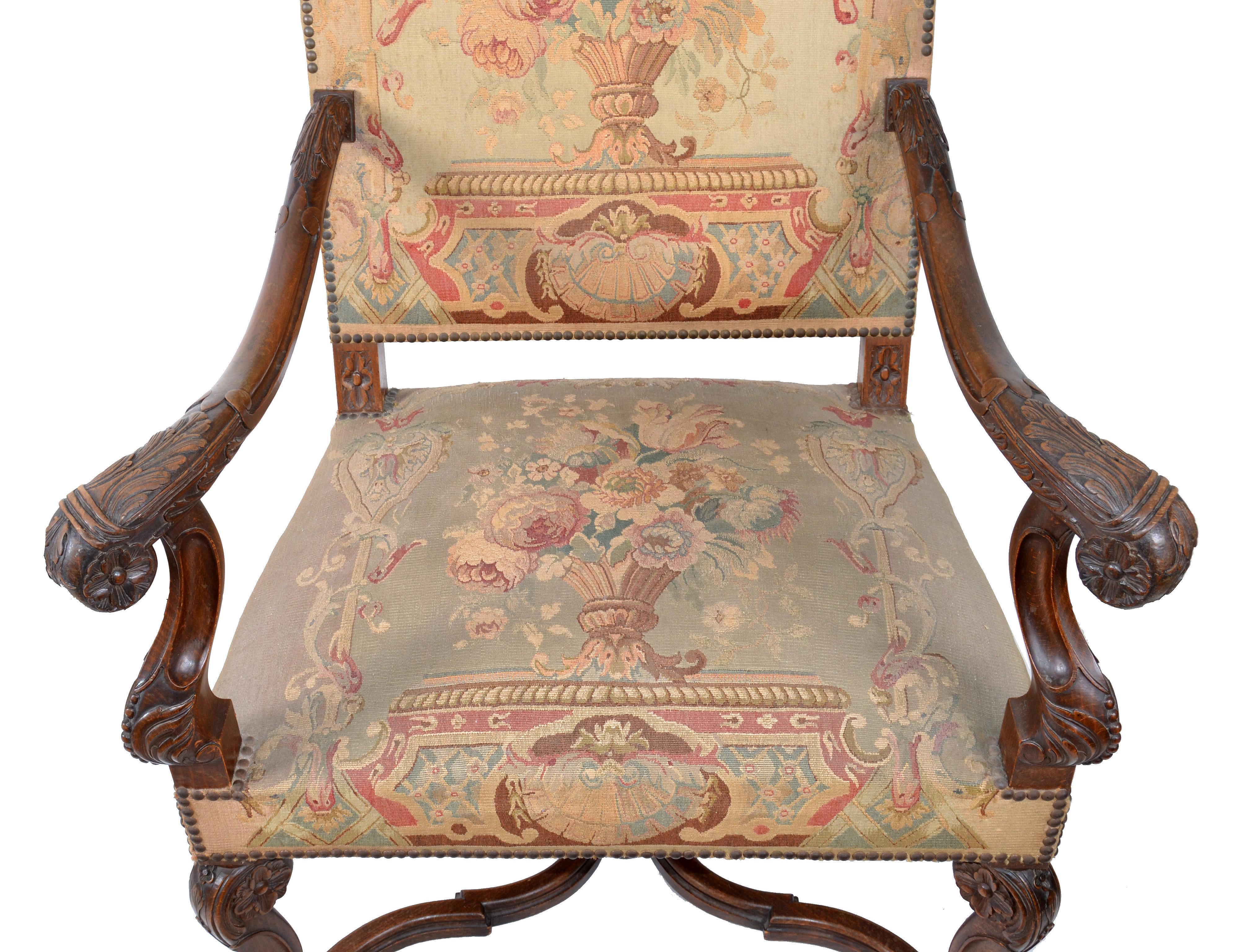 Italian 17th Century Hand Carved Walnut Wood Armchair Needlepoint Upholstery Cross Base For Sale