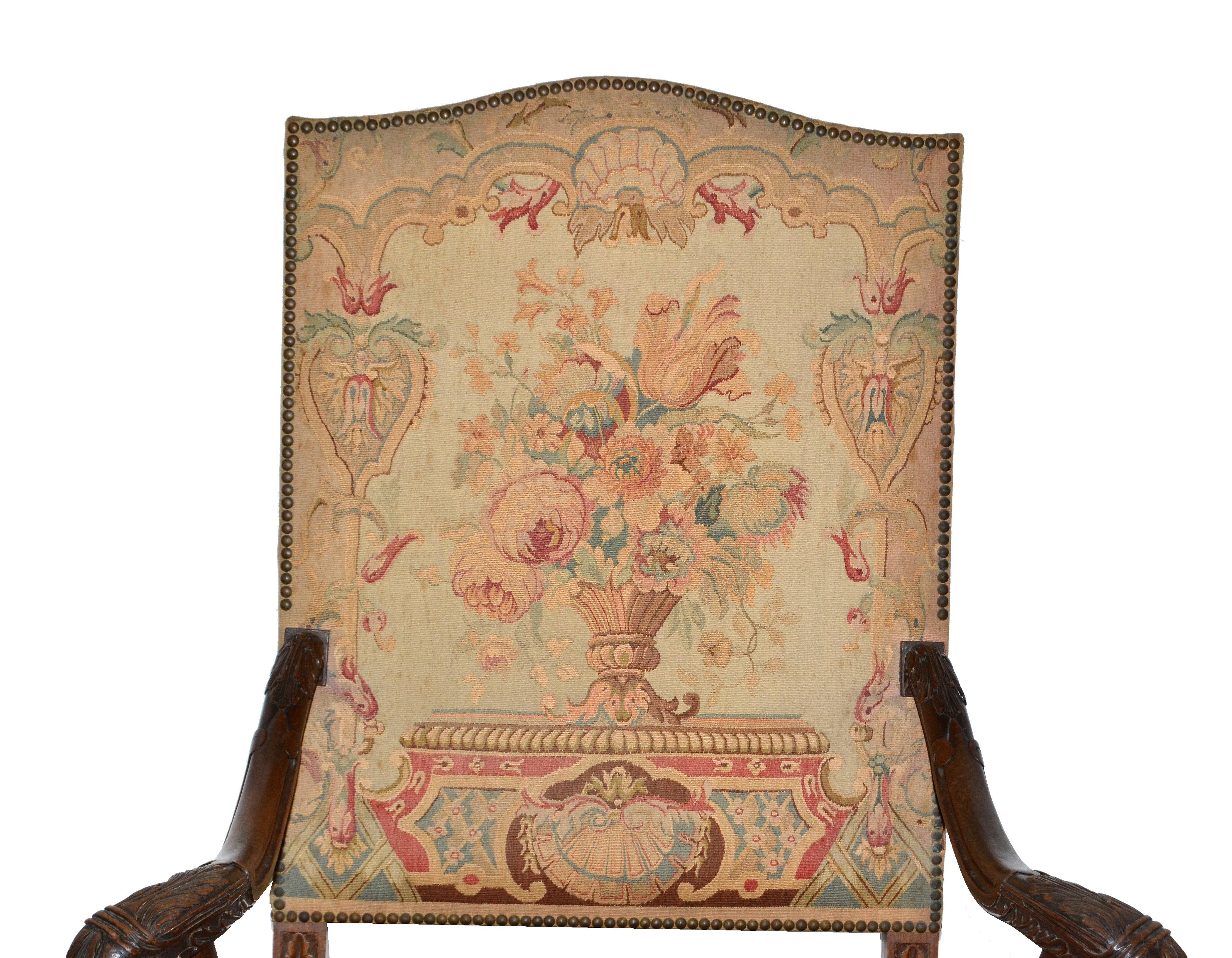 Hand-Carved 17th Century Hand Carved Walnut Wood Armchair Needlepoint Upholstery Cross Base For Sale