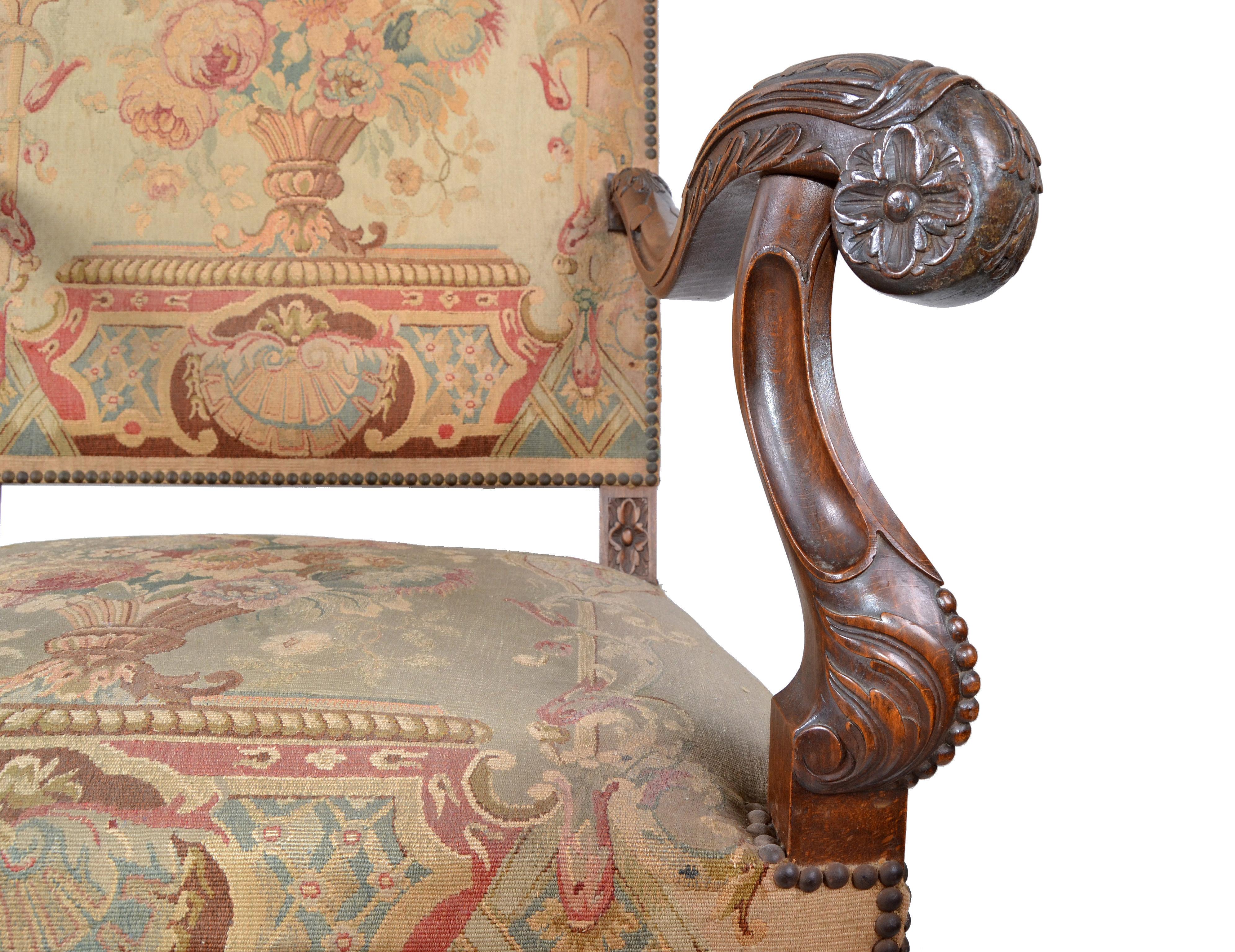 18th Century and Earlier 17th Century Hand Carved Walnut Wood Armchair Needlepoint Upholstery Cross Base For Sale