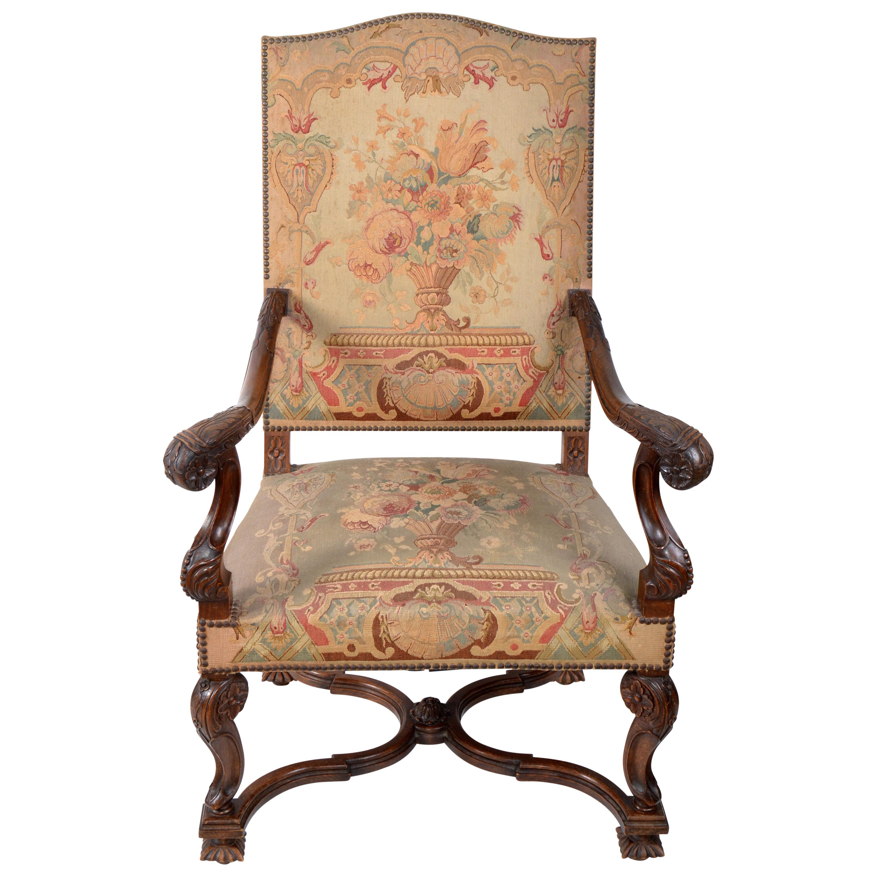 17th Century Hand Carved Walnut Wood Armchair Needlepoint Upholstery Cross Base For Sale