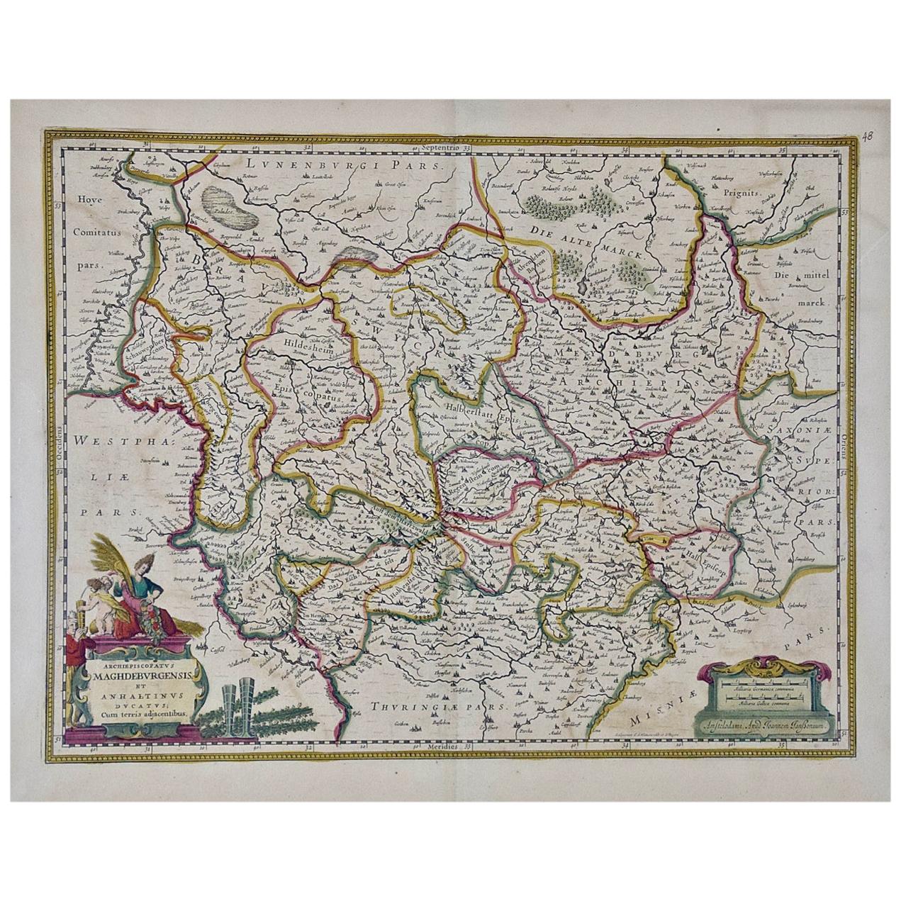 Carte colorée à la main d'une région de l'ouest de l'Allemagne du XVIIe siècle par Janssonius