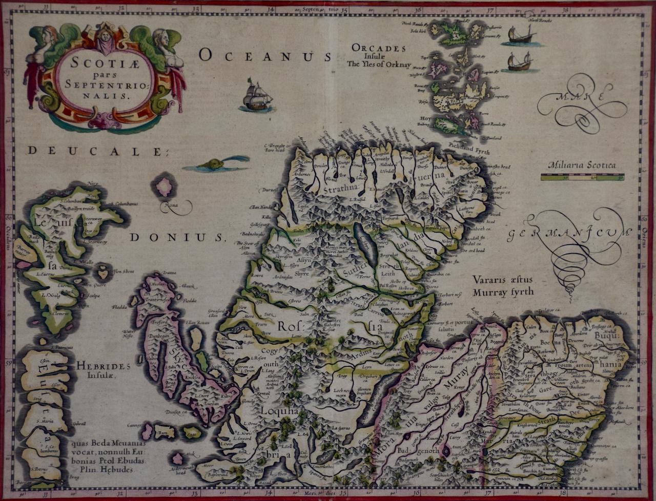 This is a framed hand-colored 17th century map of Northern Scotland by Gerard Mercator entitled 