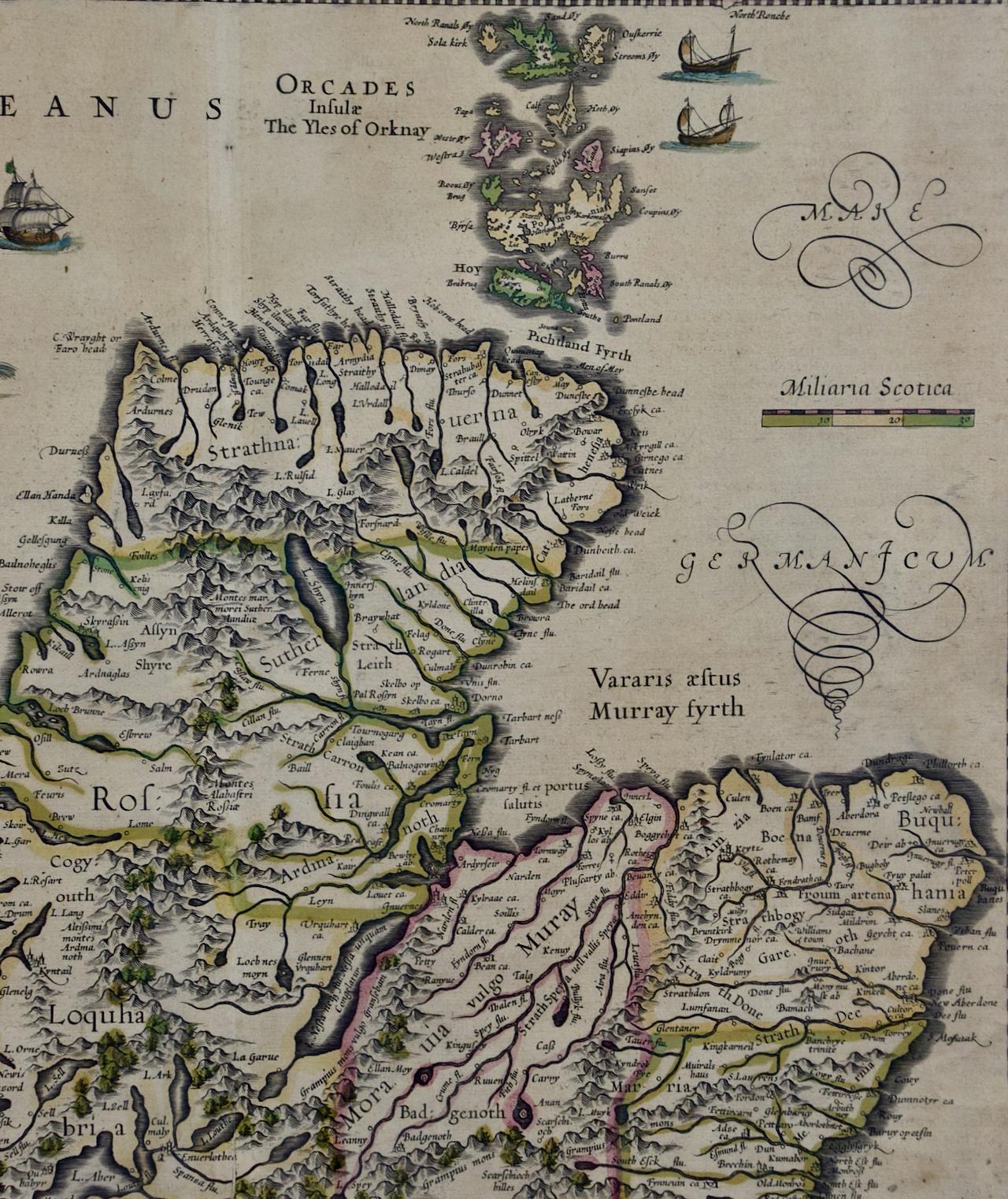 Milieu du XVIIe siècle Écosse du Nord : carte colorée à la main du XVIIe siècle par Mercator en vente