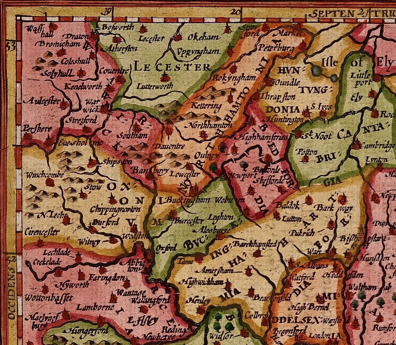 Handkolorierte Karte des Südosten Englands aus dem 17. Jahrhundert von Mercator und Hondius (Niederländisch) im Angebot