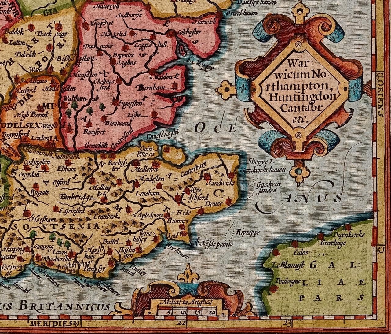 Handkolorierte Karte des Südosten Englands aus dem 17. Jahrhundert von Mercator und Hondius im Zustand „Gut“ im Angebot in Alamo, CA