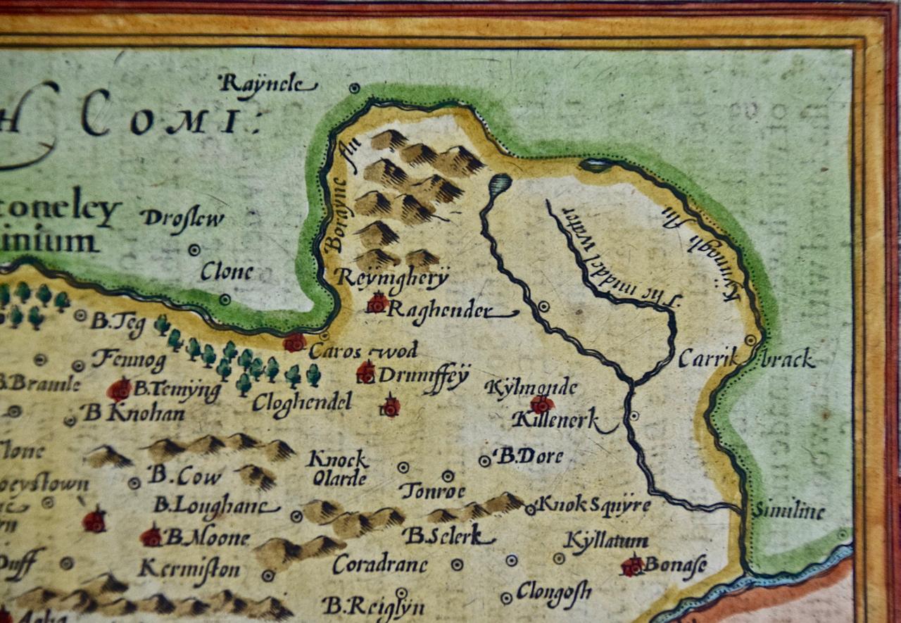 Southeastern Ireland: A 17th Century Hand Colored Map by Mercator and Hondius In Good Condition For Sale In Alamo, CA