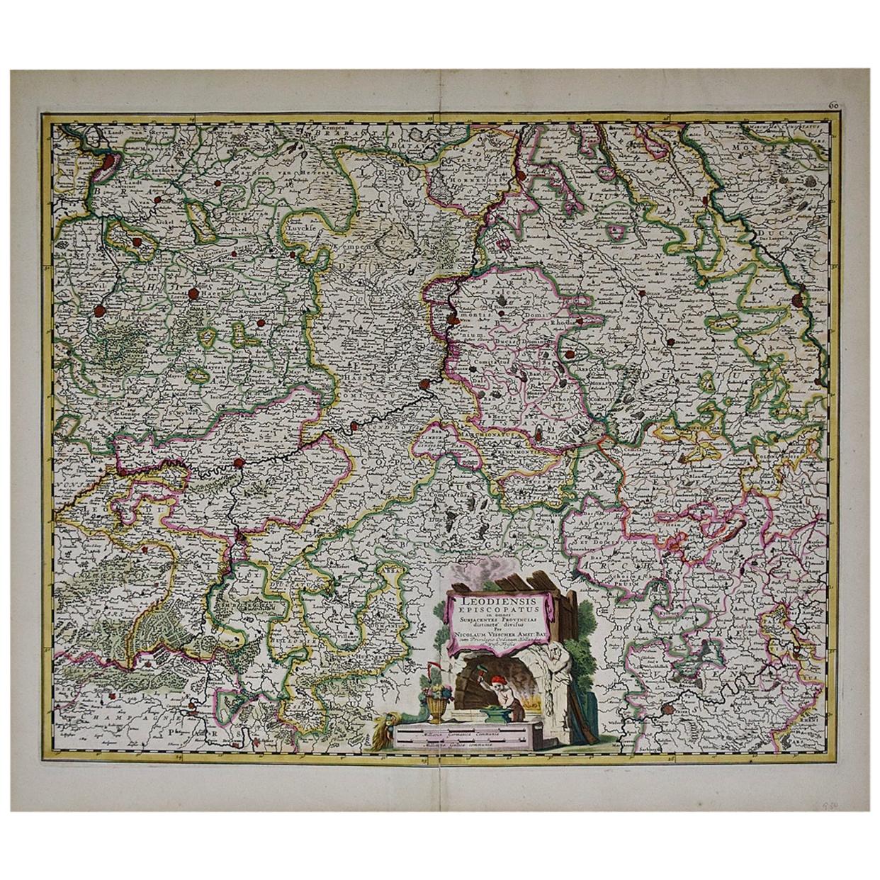 17th Century Hand Colored Map of the Liege Region in Belgium by Visscher