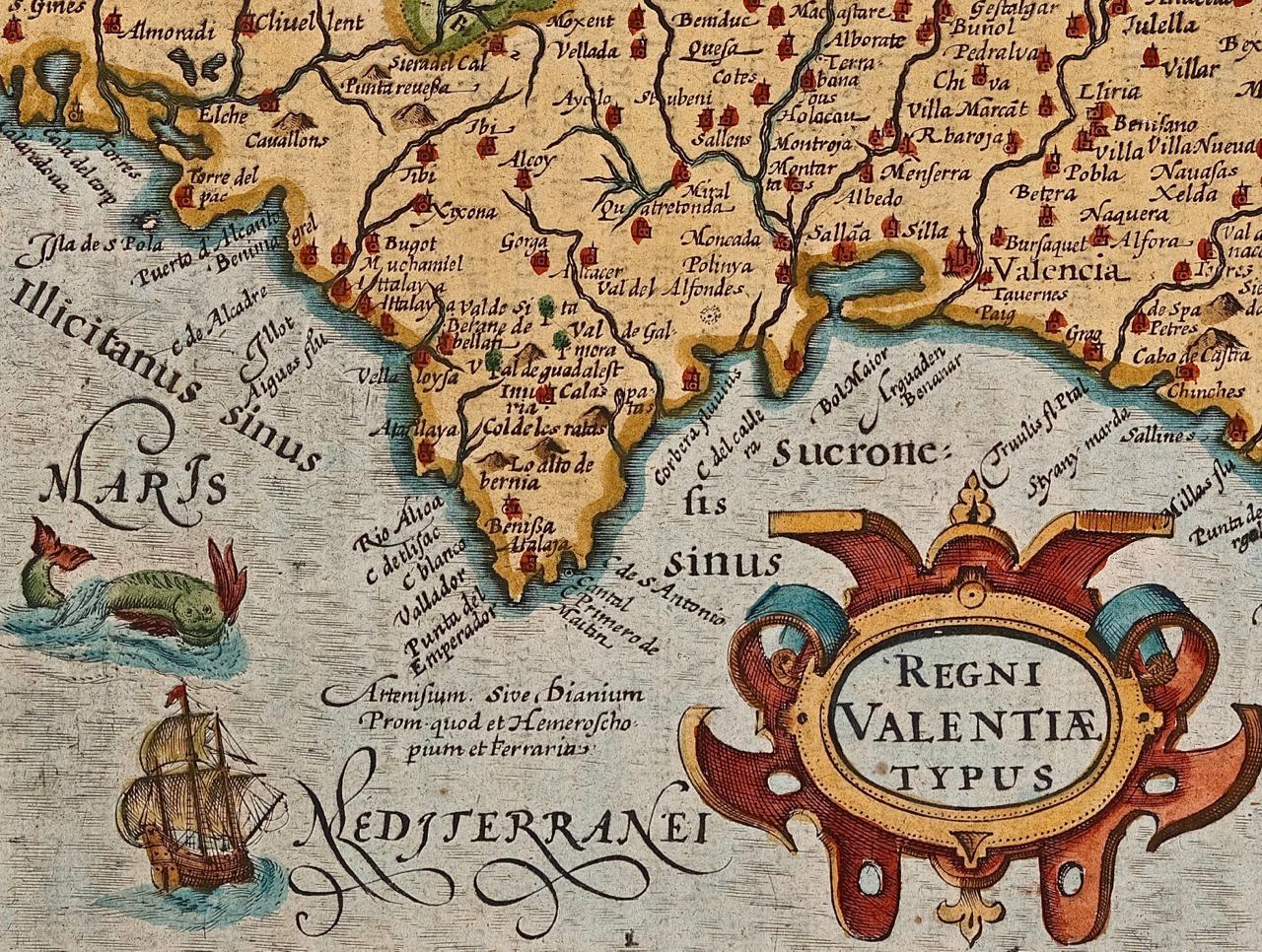 Dutch 17th Century Hand-Colored Map of Valencia and Murcia, Spain by Mercator/Hondius For Sale