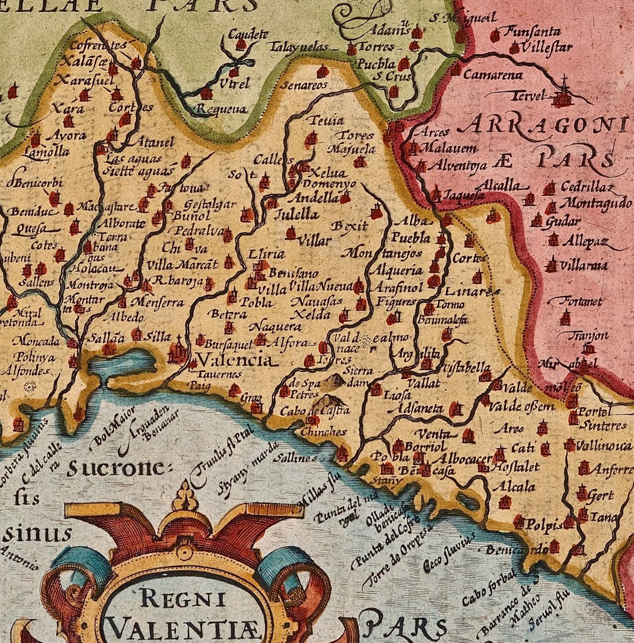 Engraved 17th Century Hand-Colored Map of Valencia and Murcia, Spain by Mercator/Hondius For Sale