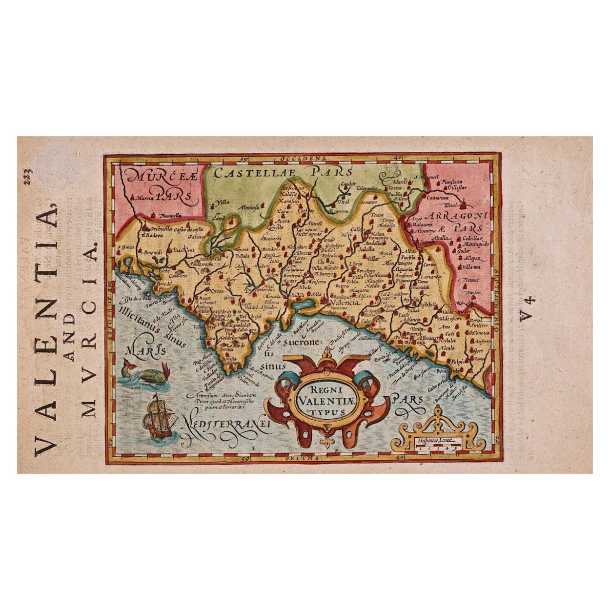 17th Century Hand-Colored Map of Valencia and Murcia, Spain by Mercator/Hondius For Sale