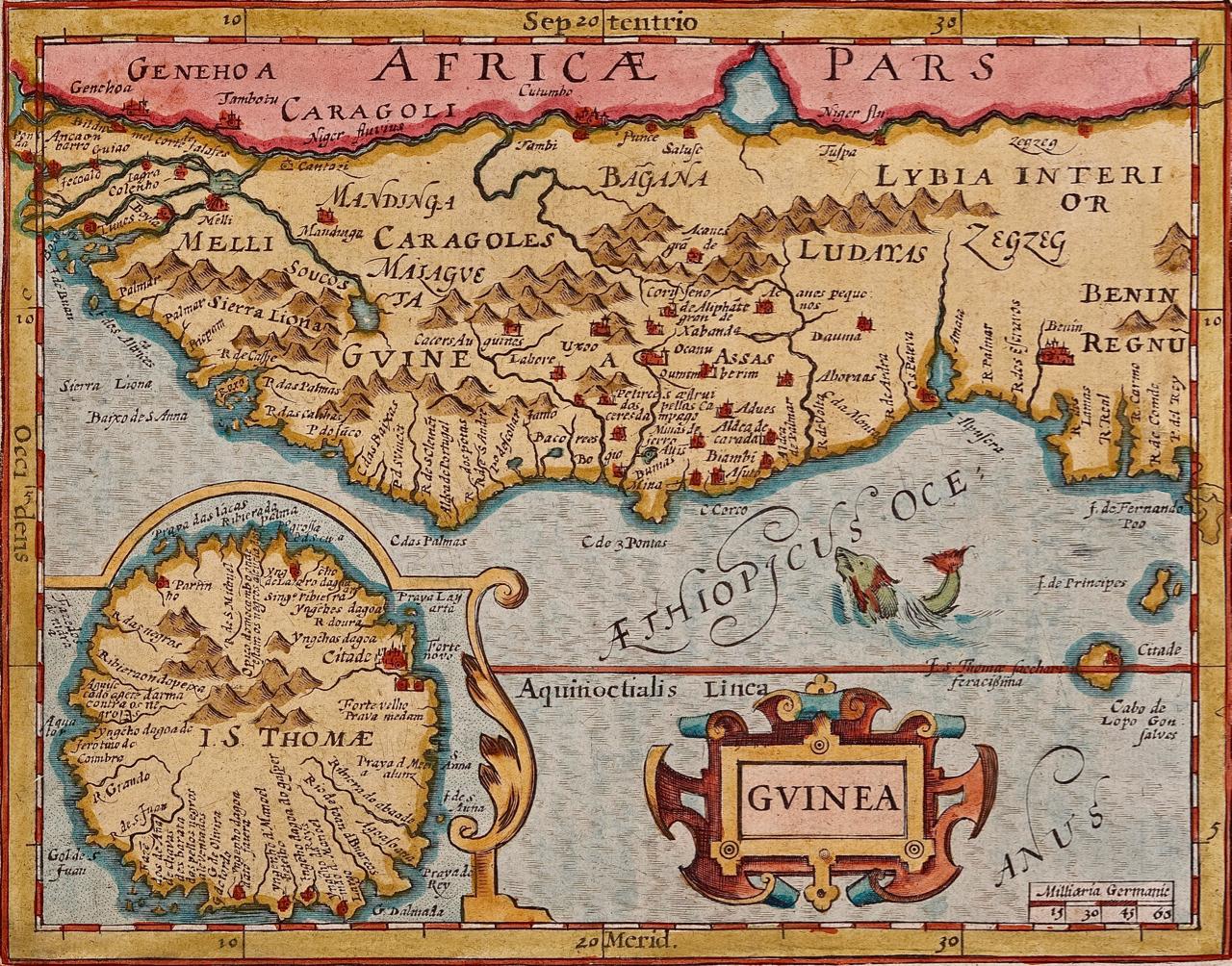 Handkolorierte Karte von Westafrika aus dem 17. Jahrhundert von Mercator/Hondius (Niederländisch) im Angebot
