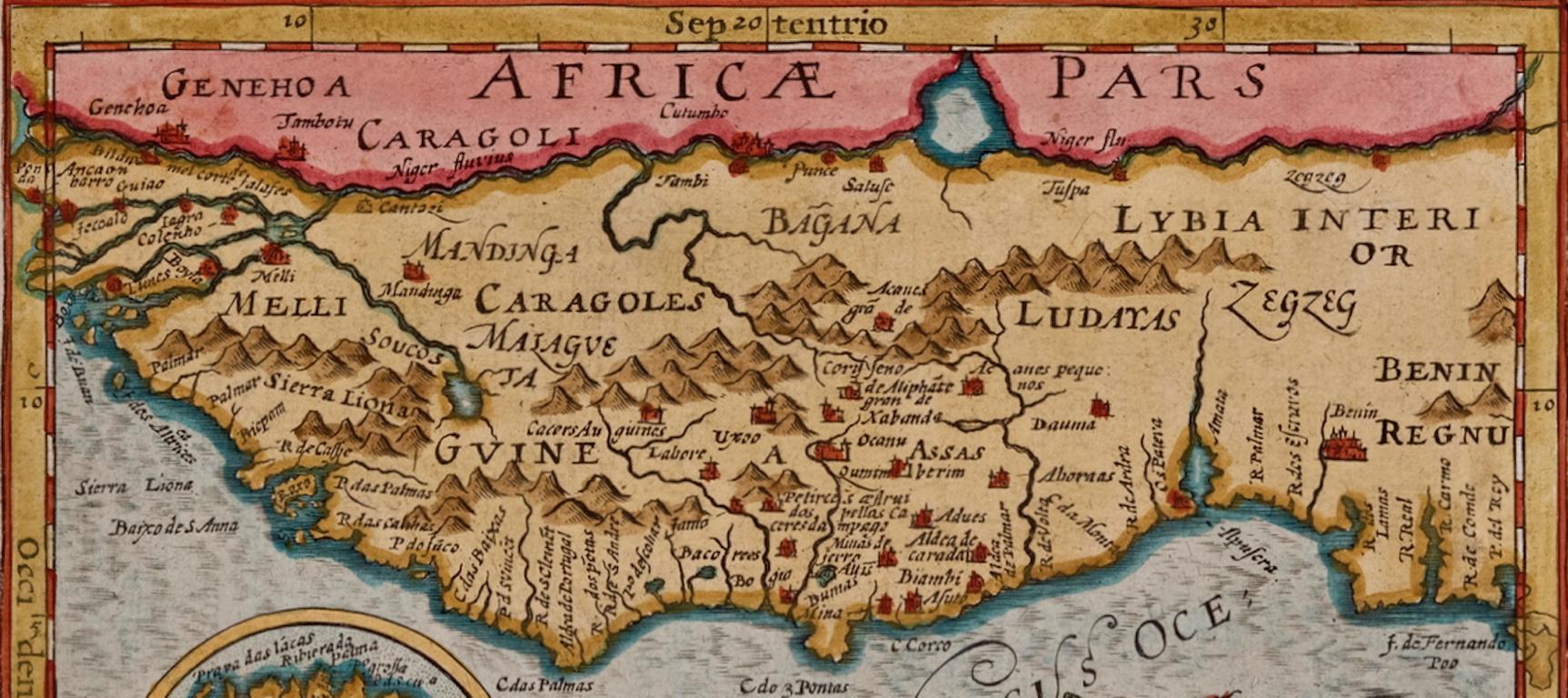 Gravé Carte de l'Afrique de l'Ouest du 17e siècle colorée à la main par Mercator/Hondius en vente