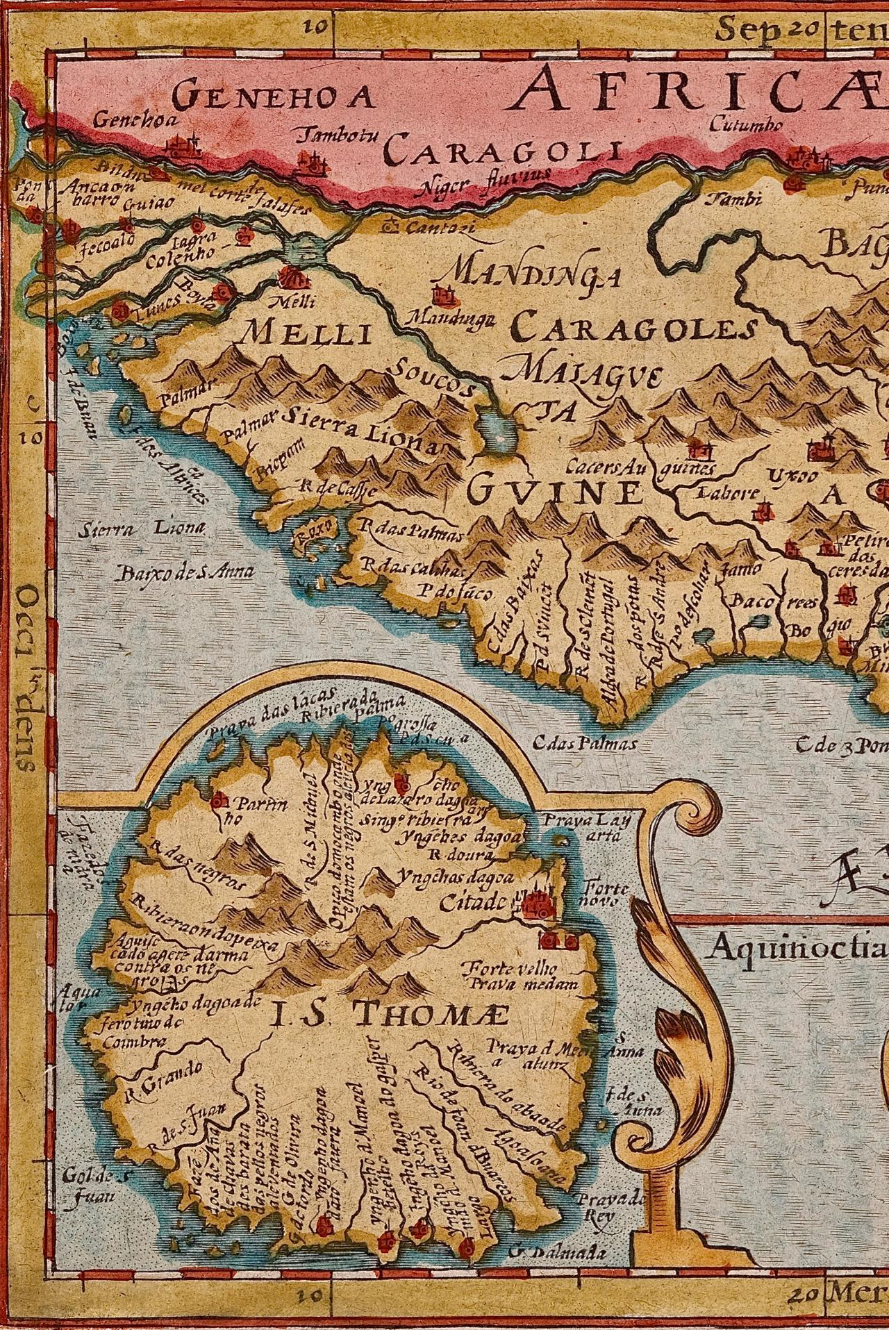 Handkolorierte Karte von Westafrika aus dem 17. Jahrhundert von Mercator/Hondius im Zustand „Gut“ im Angebot in Alamo, CA