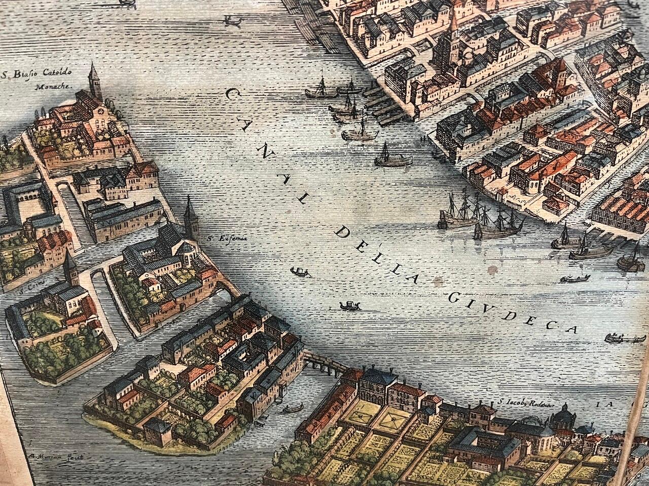 Italian 17th Century Hand Colored Prospect Map of Venice Engraving
