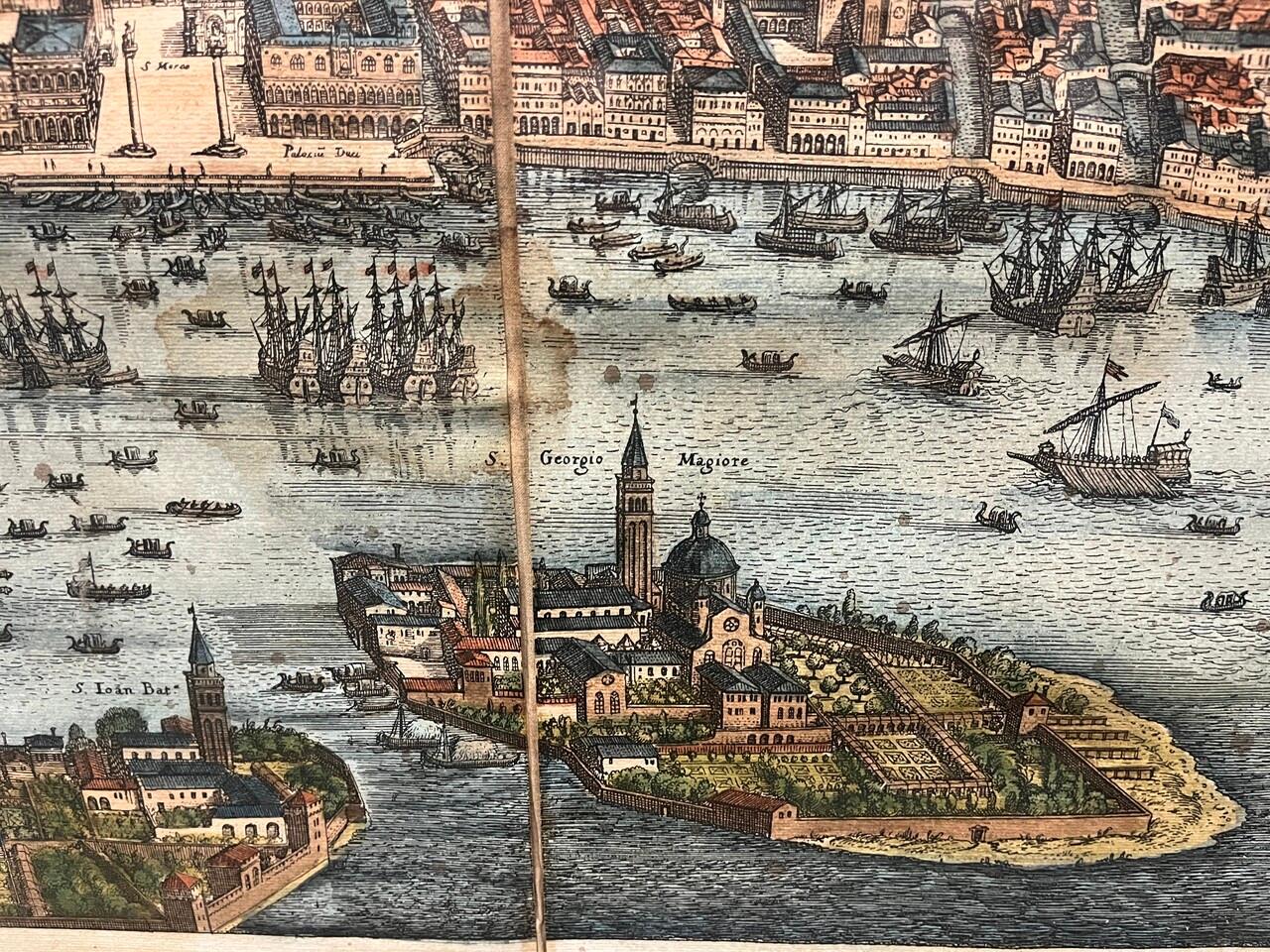 Engraved 17th Century Hand Colored Prospect Map of Venice Engraving