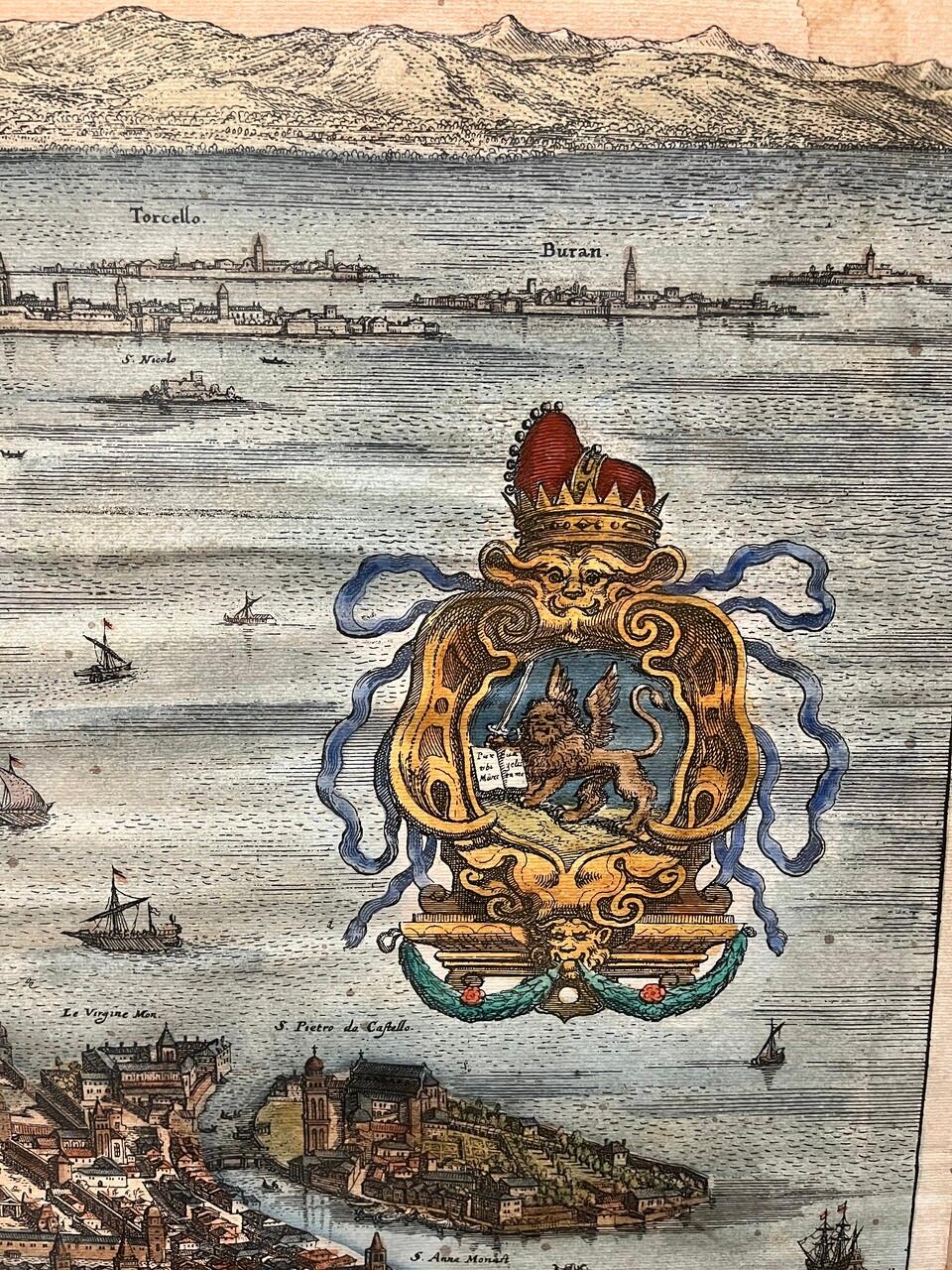 17th Century Hand Colored Prospect Map of Venice Engraving In Good Condition In Houston, TX