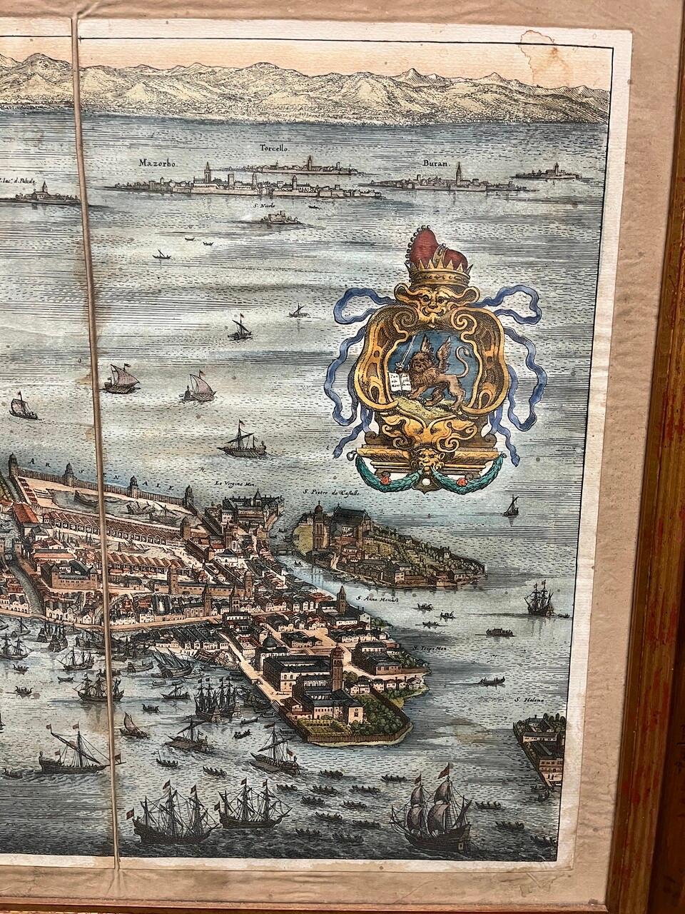 19th Century 17th Century Hand Colored Prospect Map of Venice Engraving